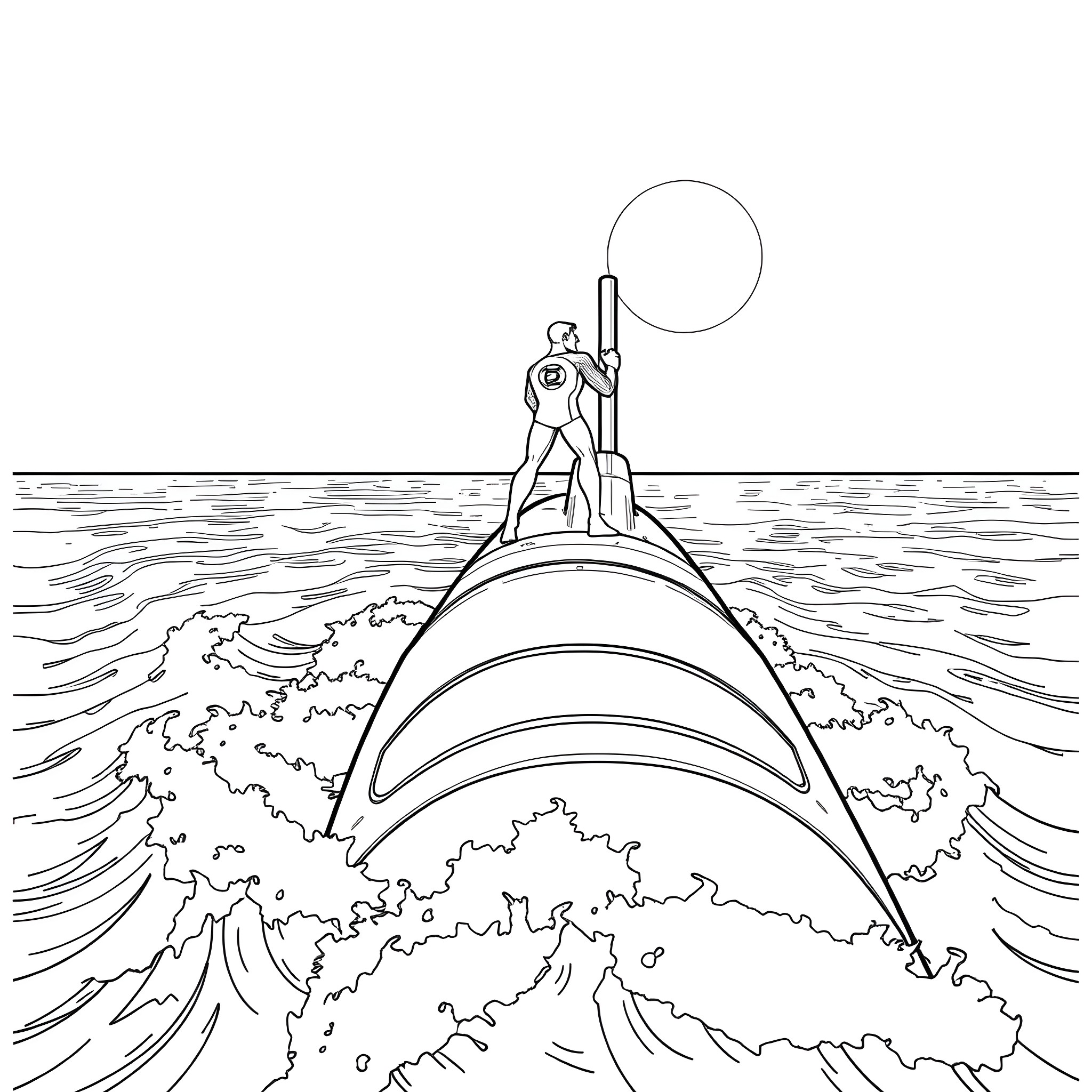 Green Lantern Heroic Pose Amidst Turbulent Waves Coloring Page (free black-and-white line drawing printable PDF for all, from beginners to advanced learners, including children, teens, adults, and seniors)