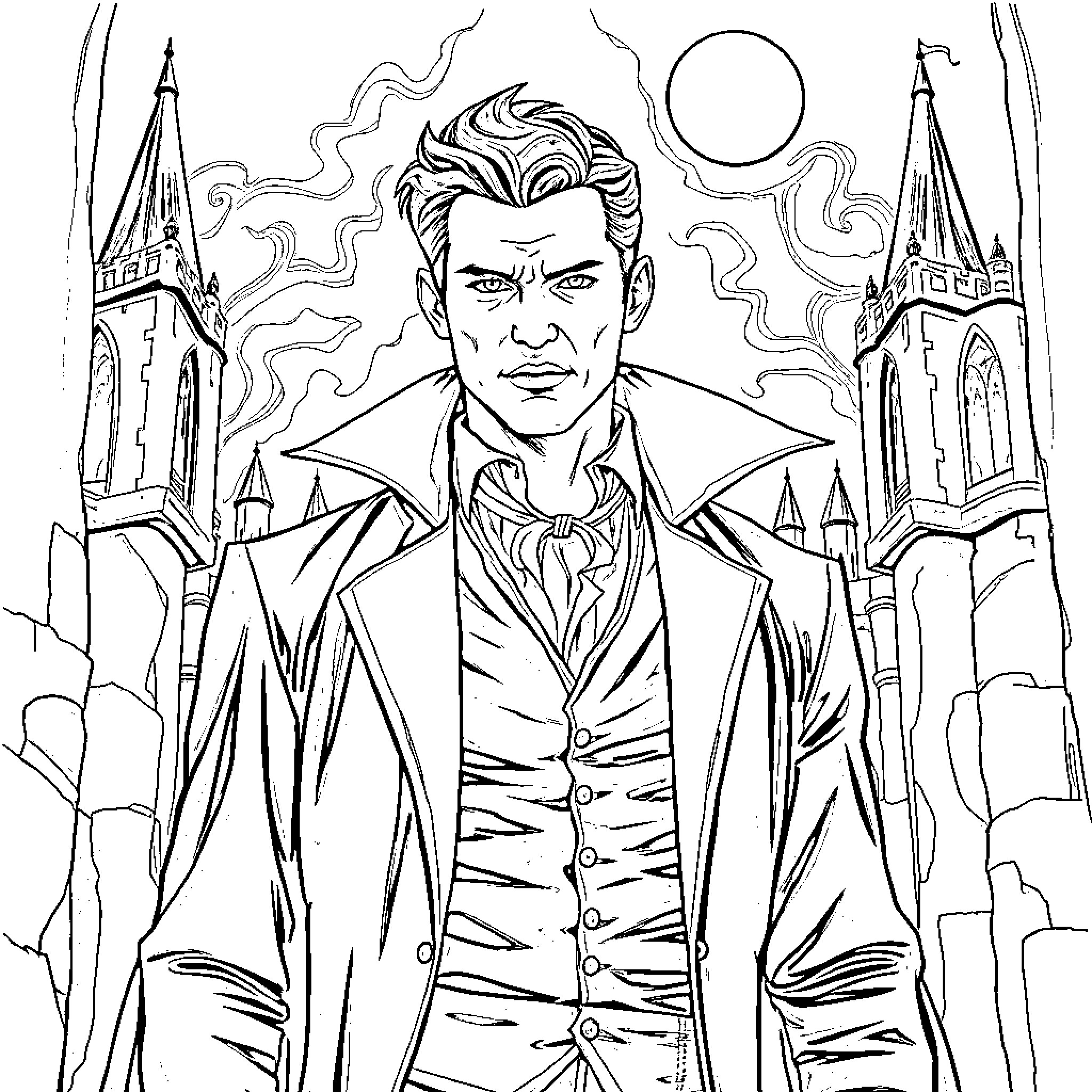 Vampire battling supernatural forces in a gothic city Coloring Page (free black-and-white line drawing printable PDF for all, from beginners to advanced learners, including children, teens, adults, and seniors)