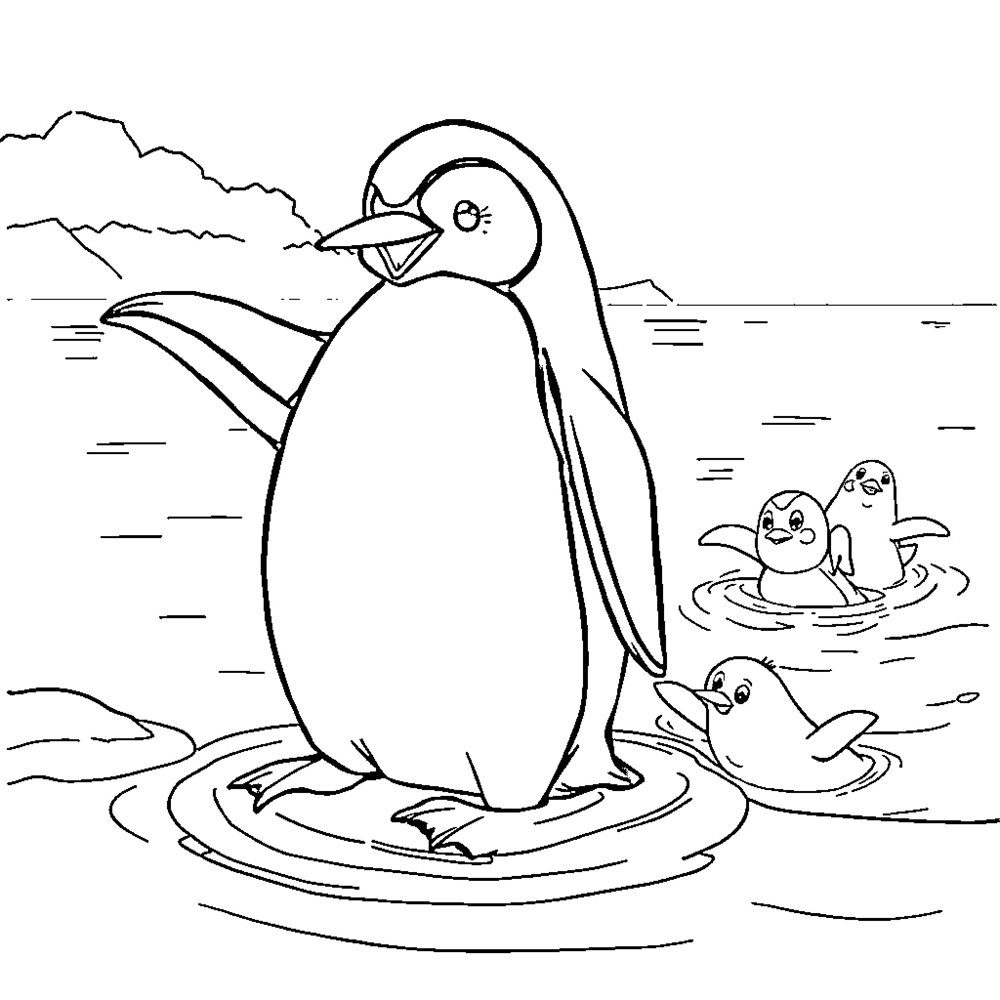 Pingüino and its family swimming in the ocean Coloring Page (free black-and-white line drawing printable PDF for all, from beginners to advanced learners, including children, teens, adults, and seniors)