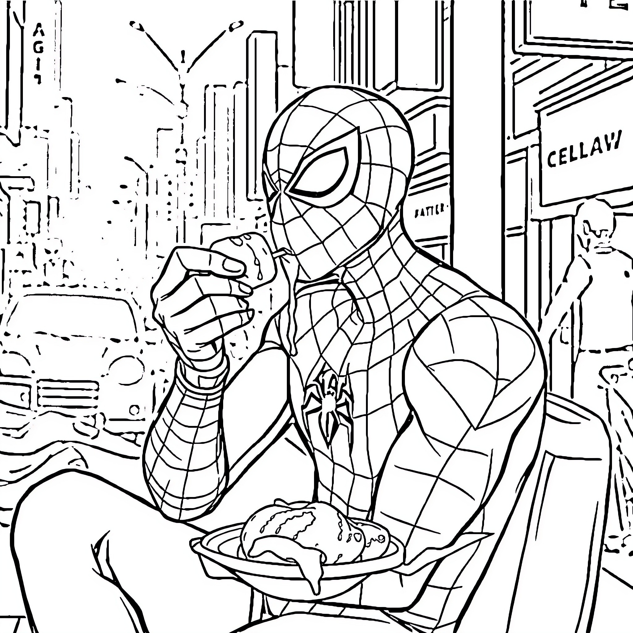 Spiderman heroically assisting civilians in the city Coloring Page (free black-and-white line drawing printable PDF for all, from beginners to advanced learners, including children, teens, adults, and seniors)