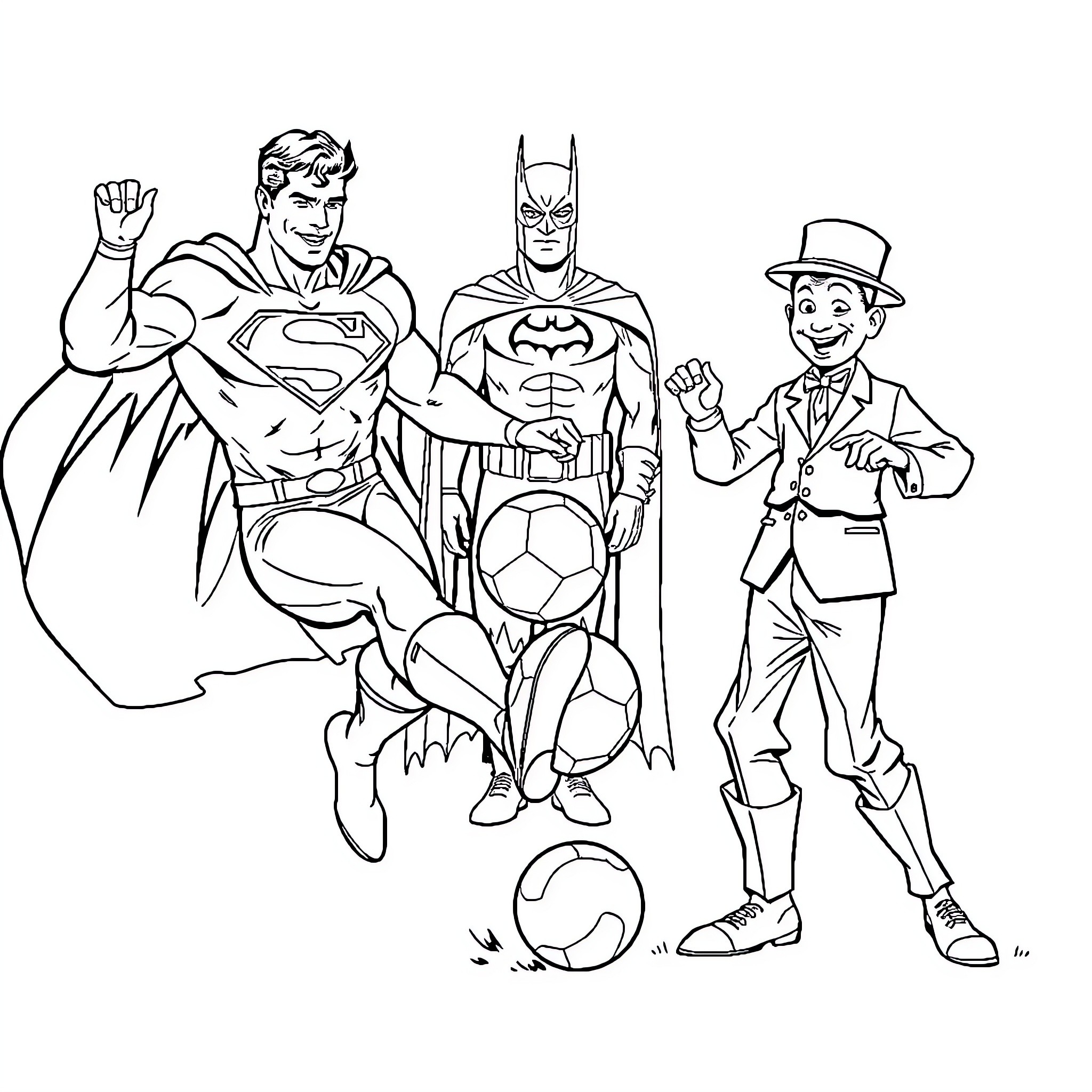 Superman, Batman, and Joker Engage in Playful Soccer Match Coloring Page (free black-and-white line drawing printable PDF for all, from beginners to advanced learners, including children, teens, adults, and seniors)