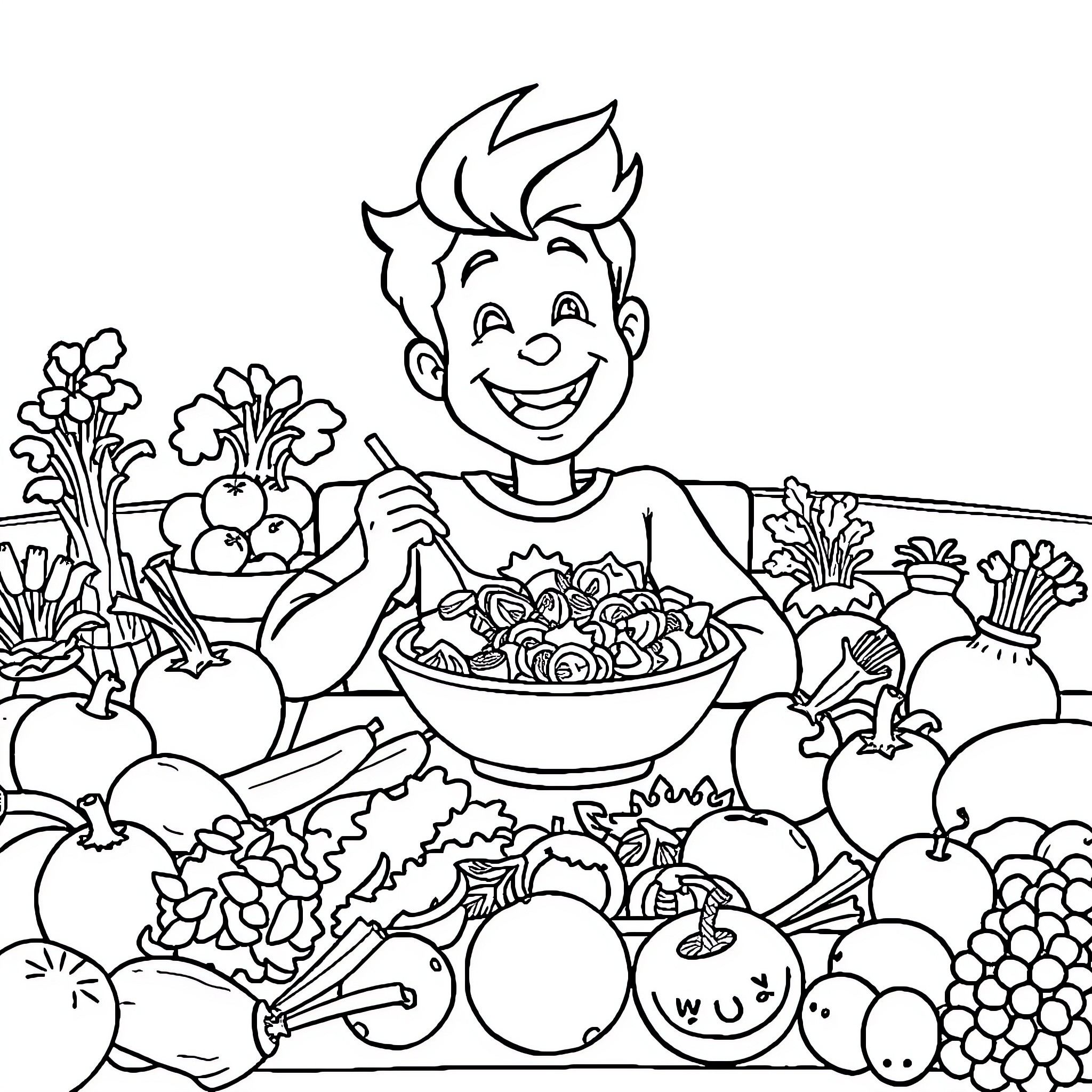 Harry enjoying a healthy vegetable salad Coloring Page (free black-and-white line drawing printable PDF for all, from beginners to advanced learners, including children, teens, adults, and seniors)