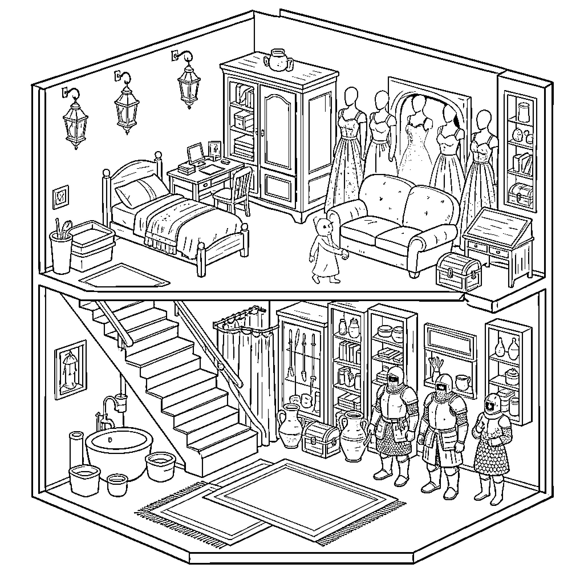 Magical Dwelling showing a busy multi-story living space Coloring Page (free black-and-white line drawing printable PDF for all, from beginners to advanced learners, including children, teens, adults, and seniors)
