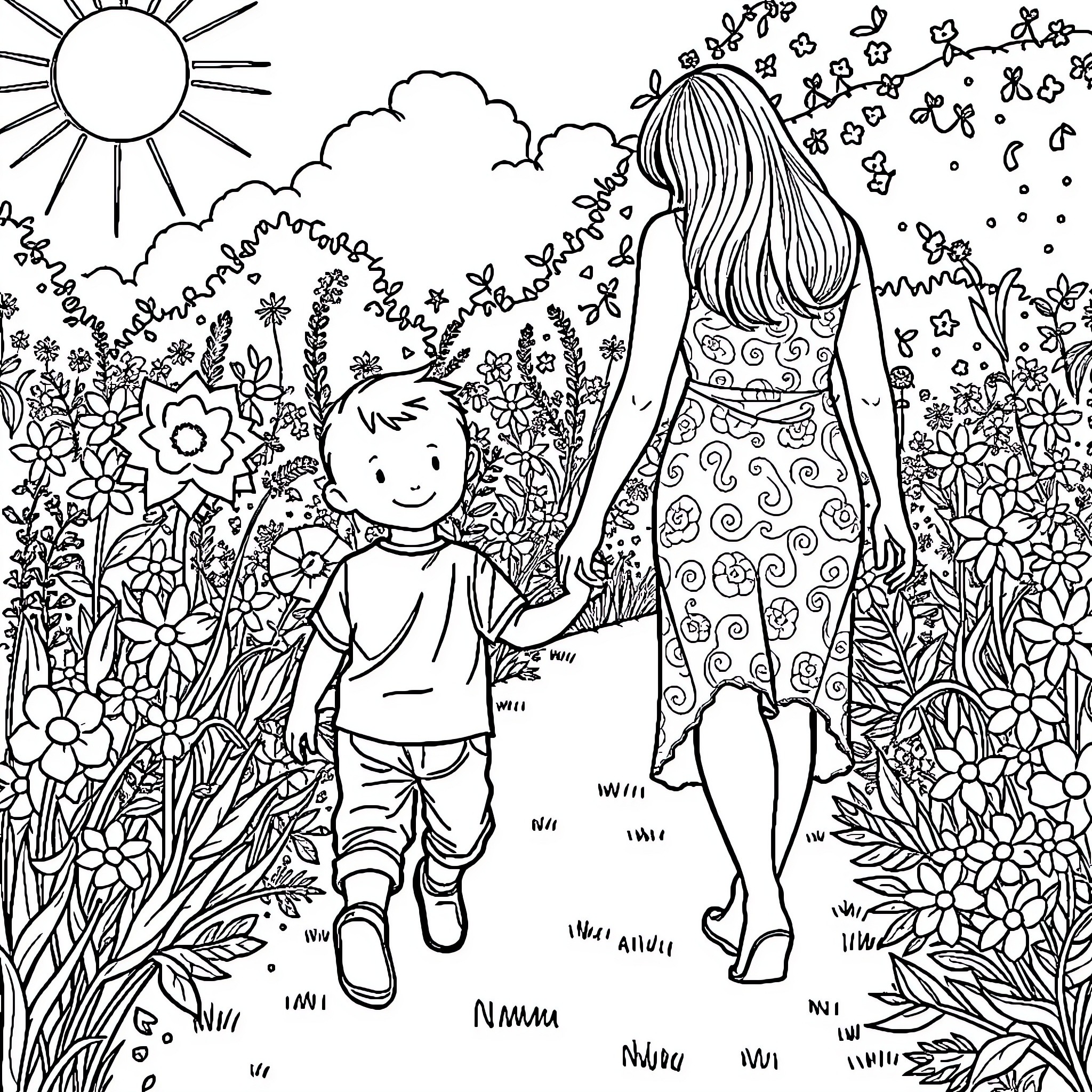 Boy and woman walking through flower garden Coloring Page (free black-and-white line drawing printable PDF for all, from beginners to advanced learners, including children, teens, adults, and seniors)
