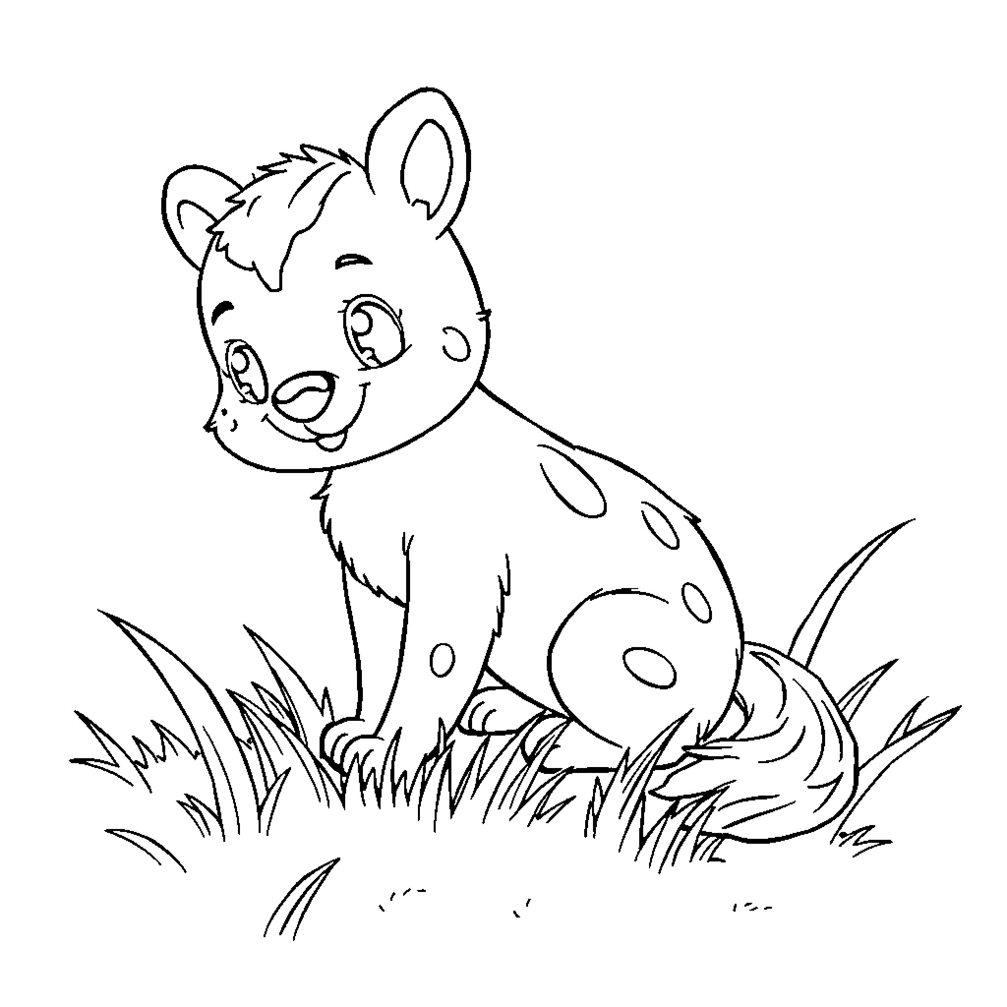 Animal sitting happily in the grass Coloring Page (free black-and-white line drawing printable PDF for all, from beginners to advanced learners, including children, teens, adults, and seniors)