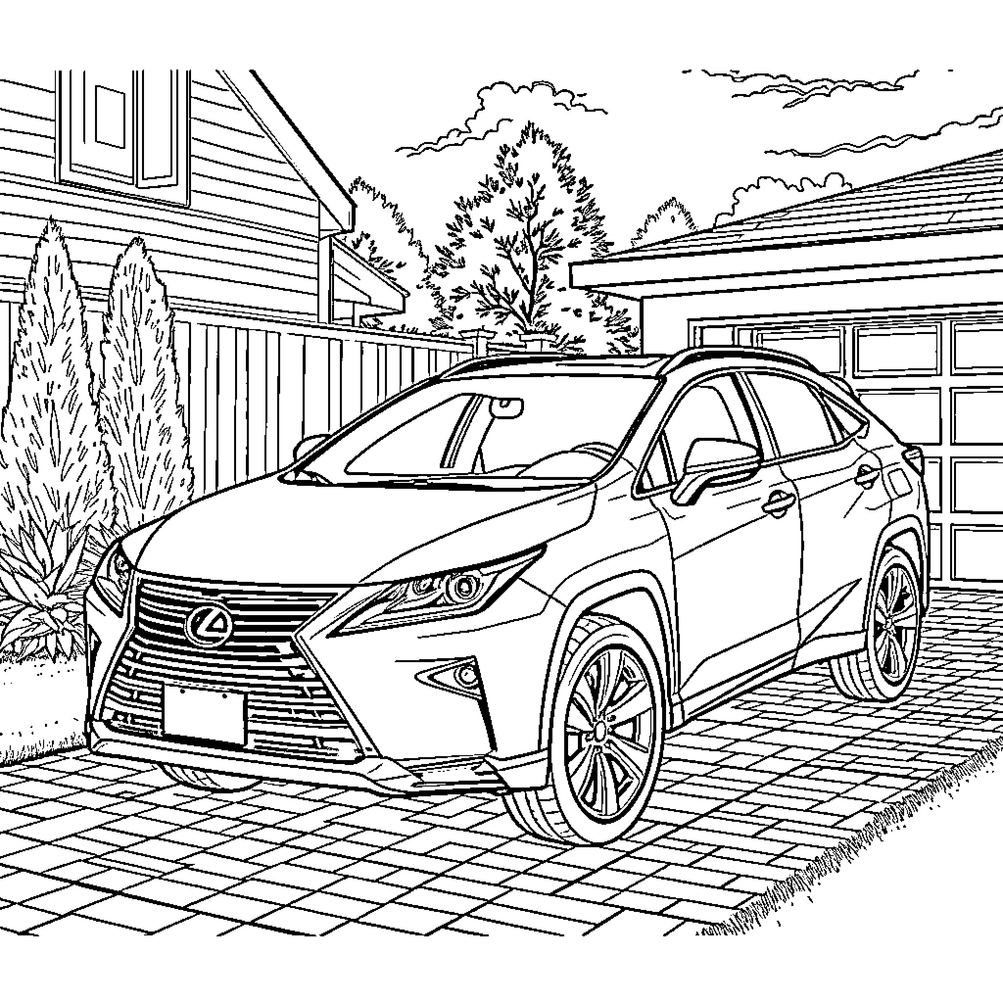 Lexus RX300 parked in front of a house Coloring Page (free black-and-white line drawing printable PDF for all, from beginners to advanced learners, including children, teens, adults, and seniors)