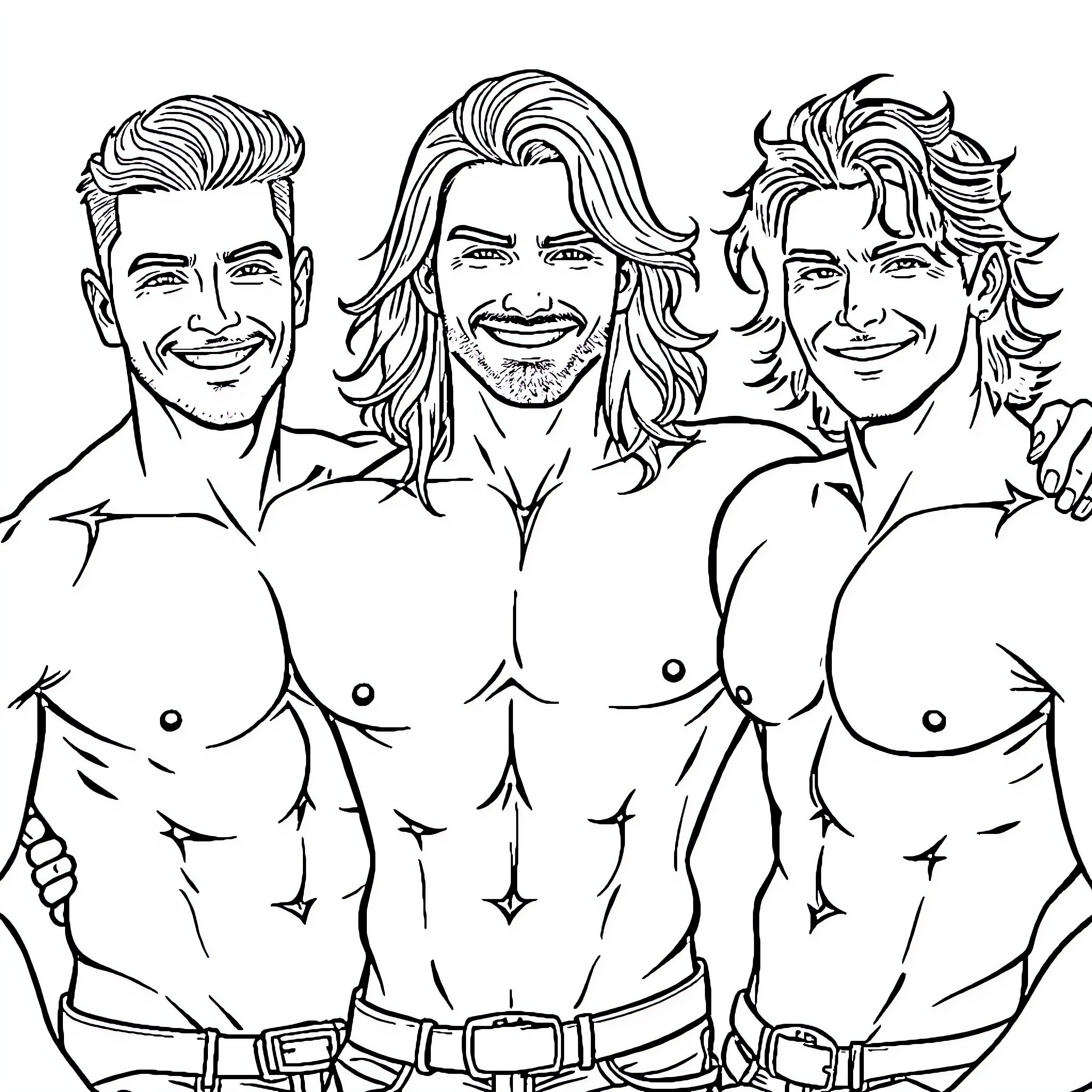 Men Displaying Confident and Cheerful Expressions Coloring Page (free black-and-white line drawing printable PDF for all, from beginners to advanced learners, including children, teens, adults, and seniors)