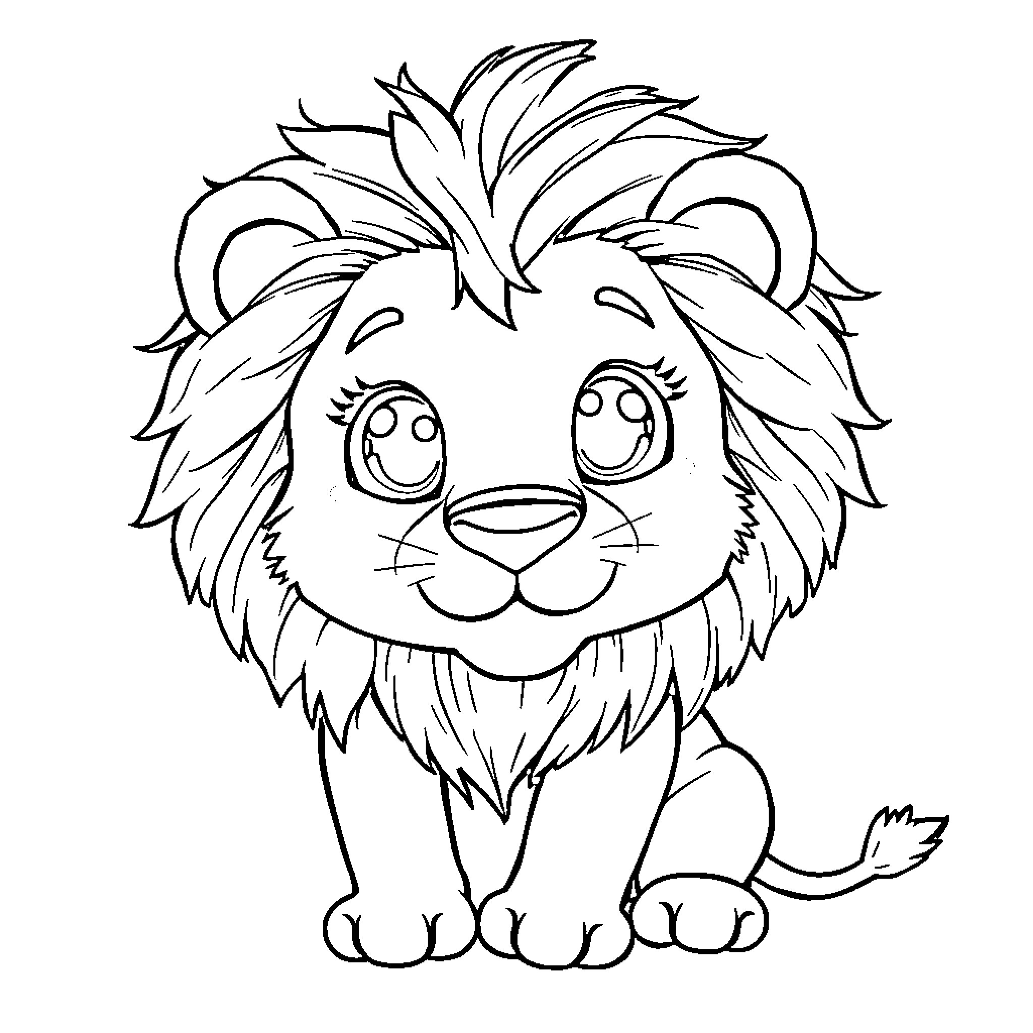Lion with expressive cartoon-like features Coloring Page (free black-and-white line drawing printable PDF for all, from beginners to advanced learners, including children, teens, adults, and seniors)