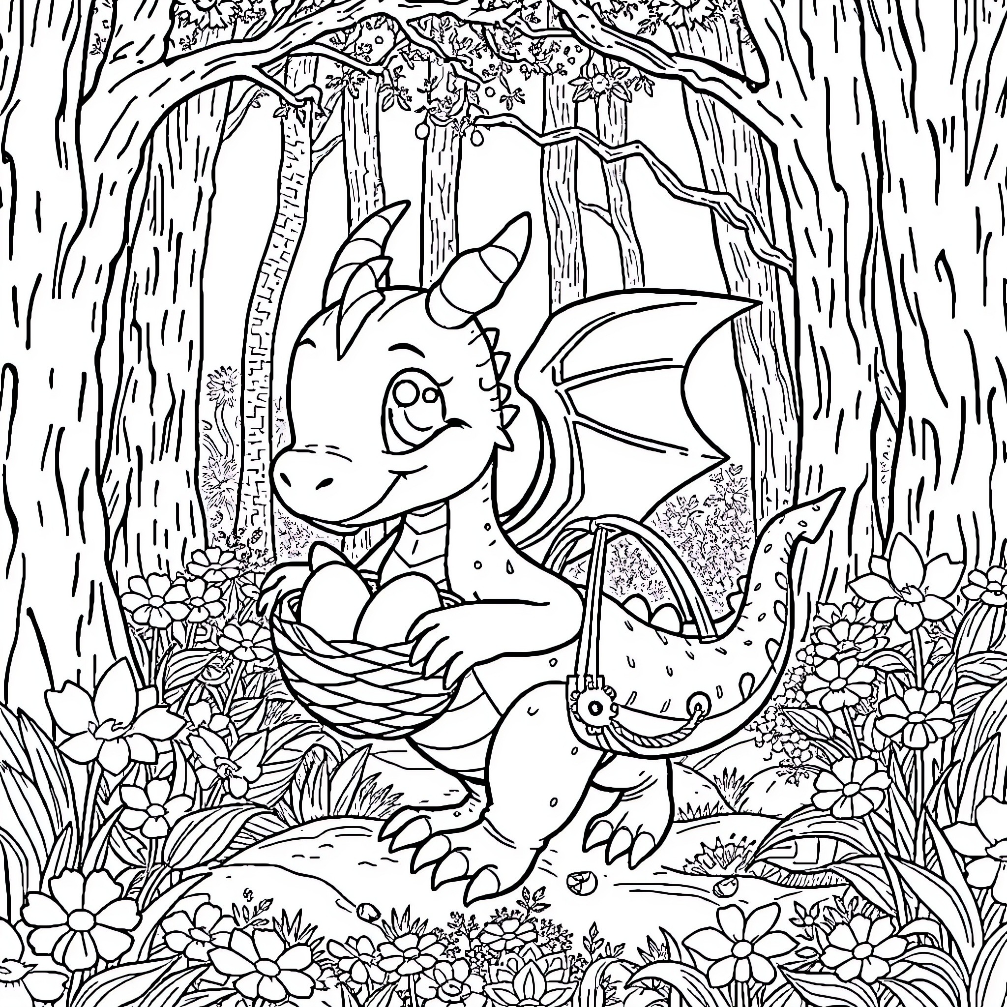 Dragon hatchling exploring magical forest Coloring Page (free black-and-white line drawing printable PDF for all, from beginners to advanced learners, including children, teens, adults, and seniors)