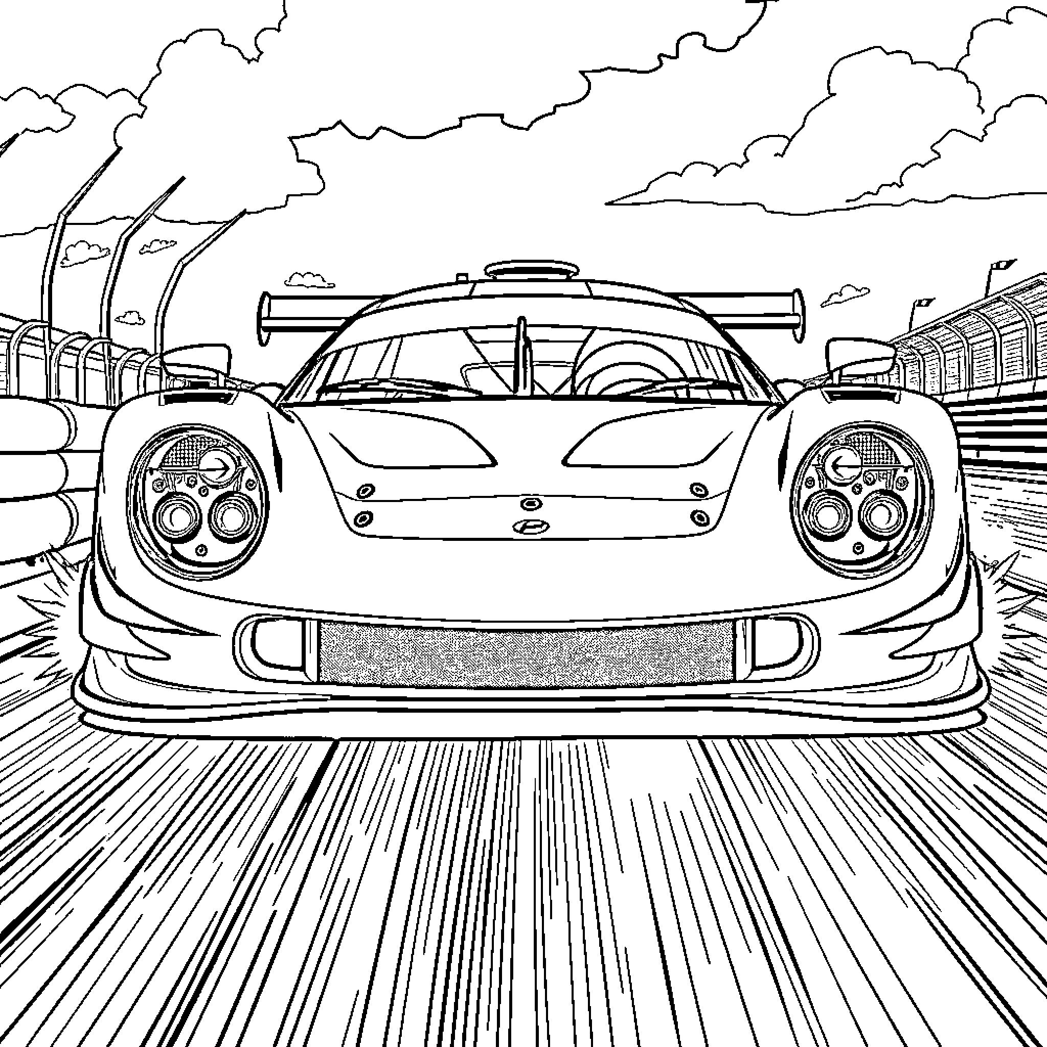 Race Car Speeding on the Race Track Coloring Page (free black-and-white line drawing printable PDF for all, from beginners to advanced learners, including children, teens, adults, and seniors)