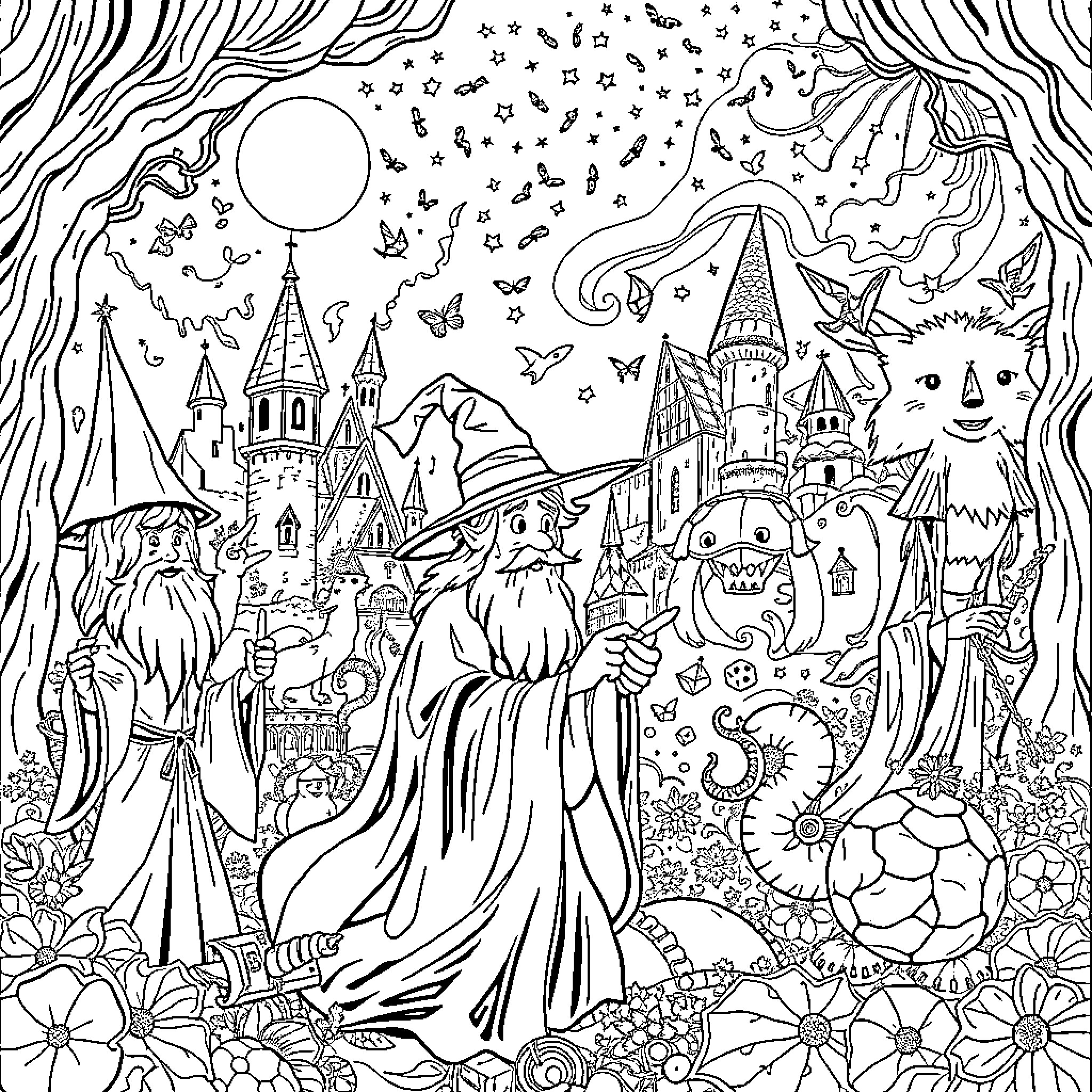 Wizard's Enchanted Kingdom: Castles, Creatures, and Celestial Wonders Coloring Page (free black-and-white line drawing printable PDF for all, from beginners to advanced learners, including children, teens, adults, and seniors)