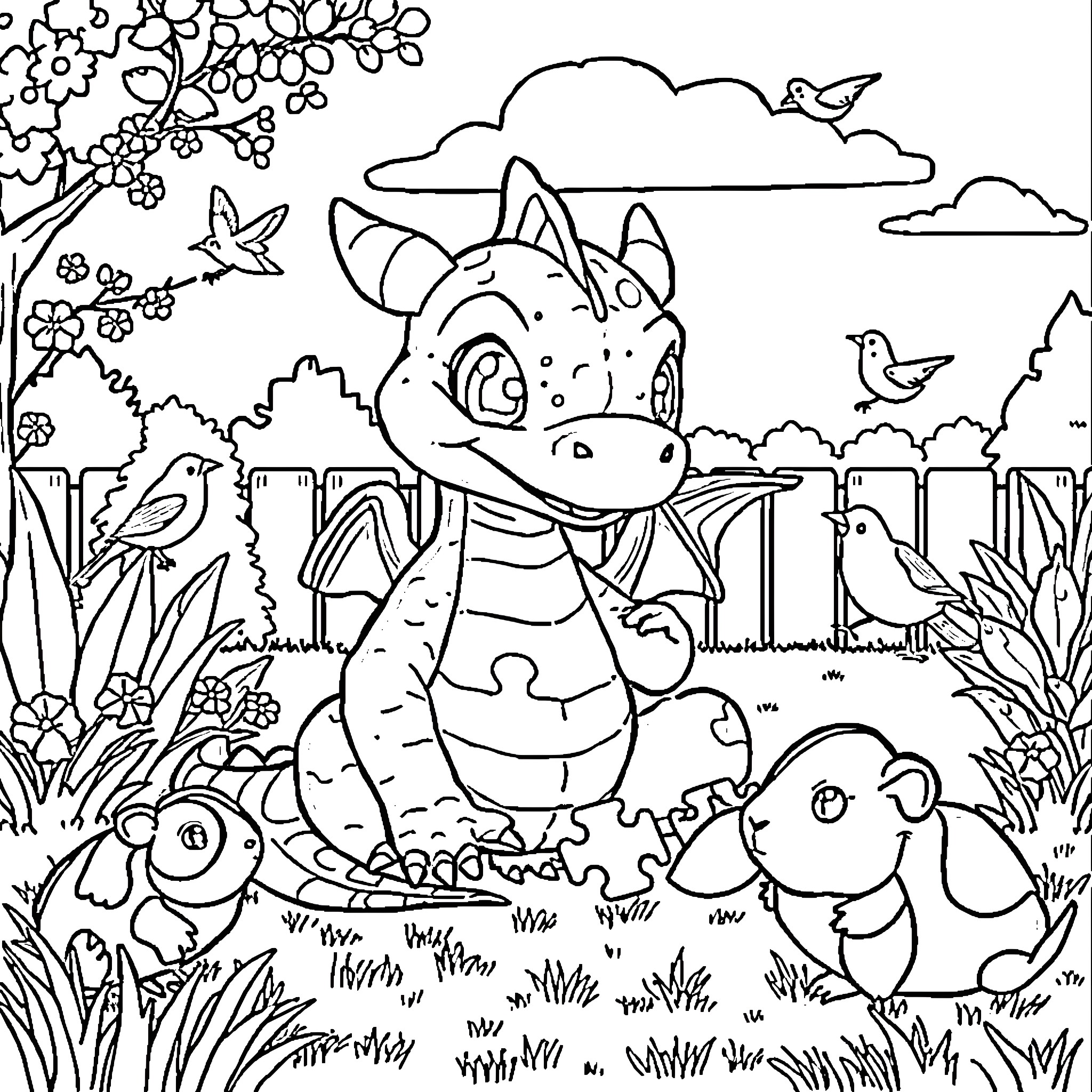 Dragon exploring enchanted forest with fairy creatures Coloring Page (free black-and-white line drawing printable PDF for all, from beginners to advanced learners, including children, teens, adults, and seniors)