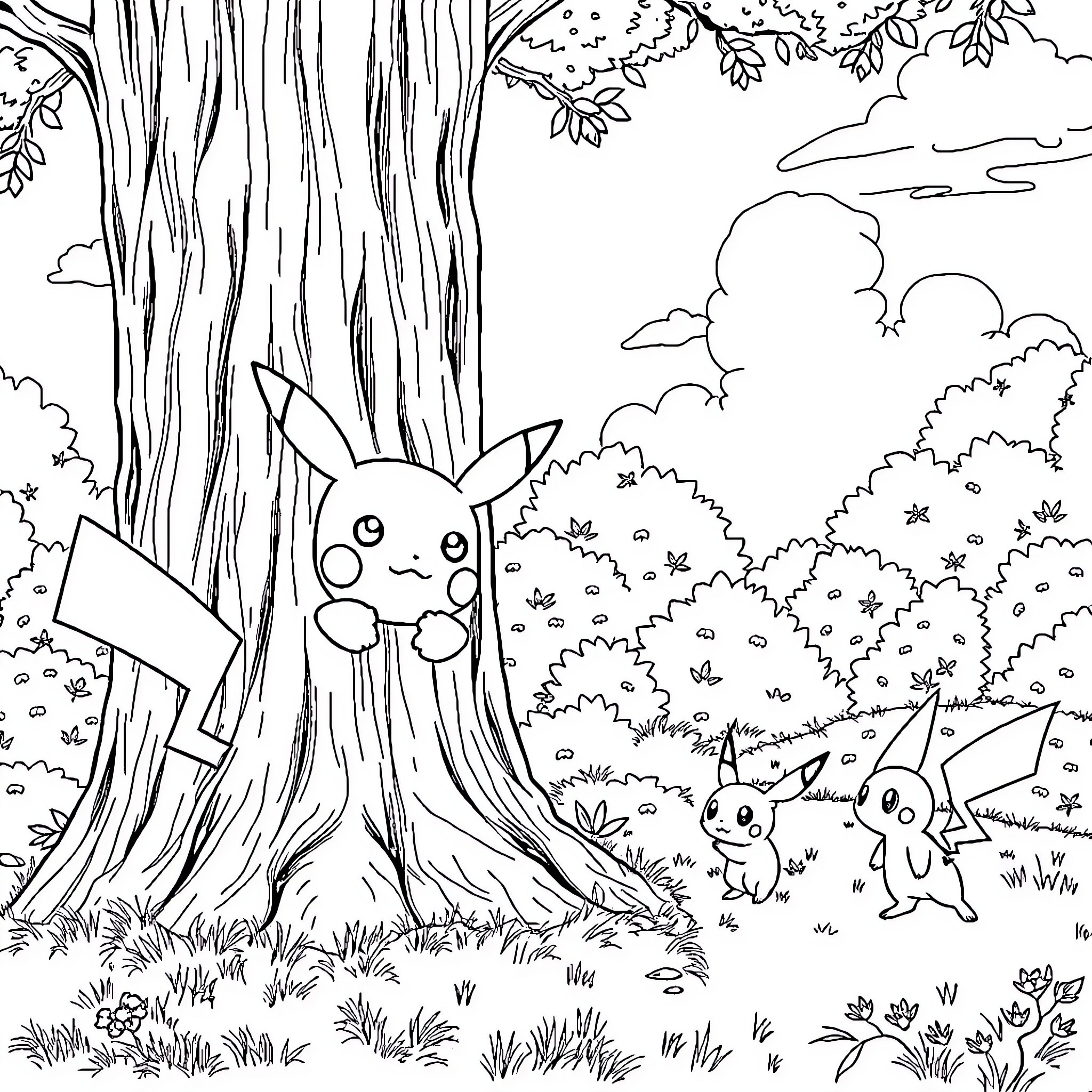 Pikachu and Pokémon friends exploring the forest Coloring Page (free black-and-white line drawing printable PDF for all, from beginners to advanced learners, including children, teens, adults, and seniors)