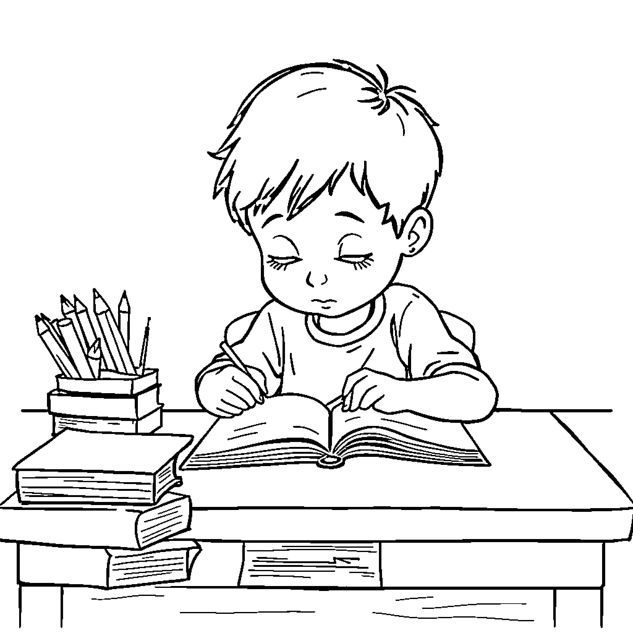Child studying intently at his desk Coloring Page (free black-and-white line drawing printable PDF for all, from beginners to advanced learners, including children, teens, adults, and seniors)