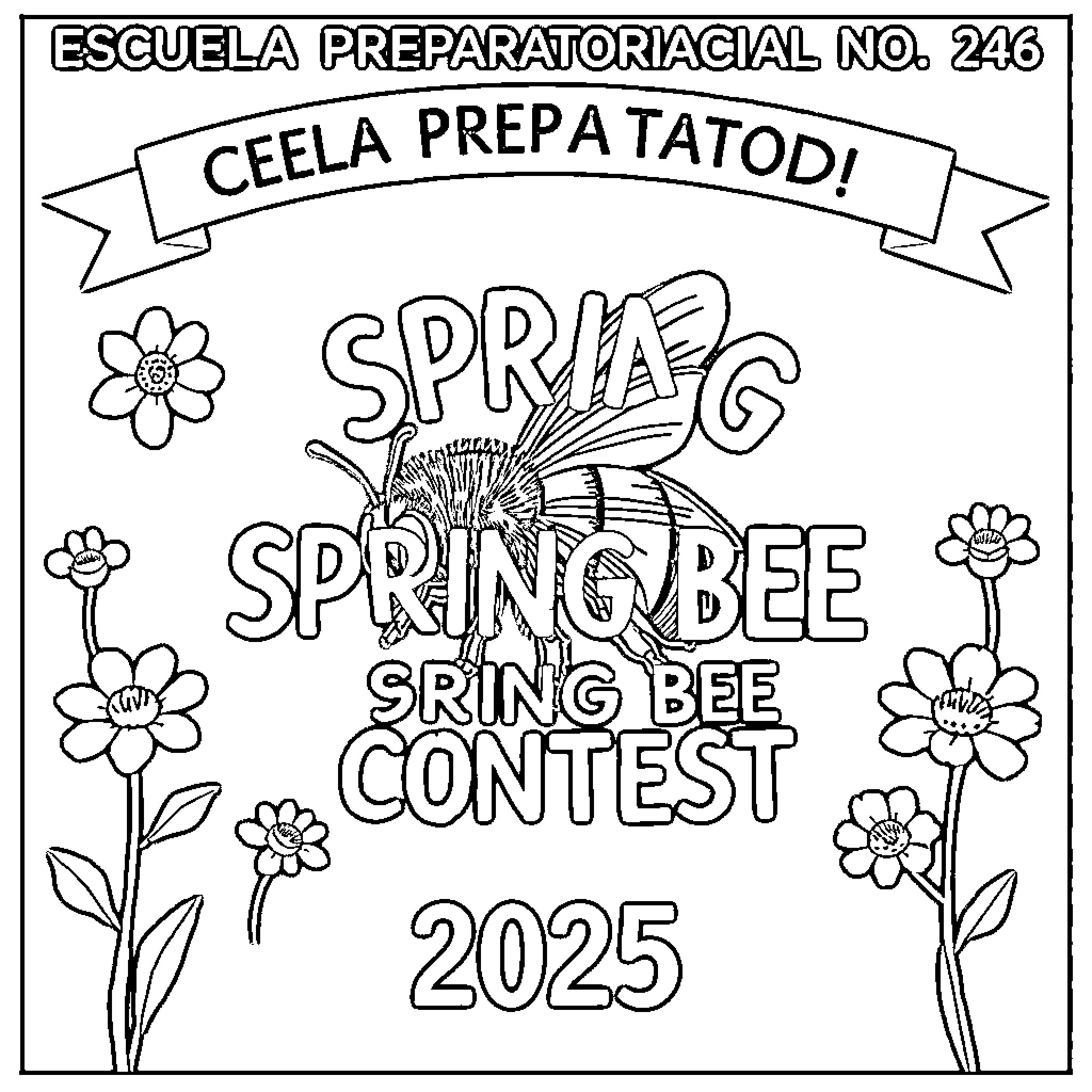 Bee-themed spring contest announcement Coloring Page (free black-and-white line drawing printable PDF for all, from beginners to advanced learners, including children, teens, adults, and seniors)