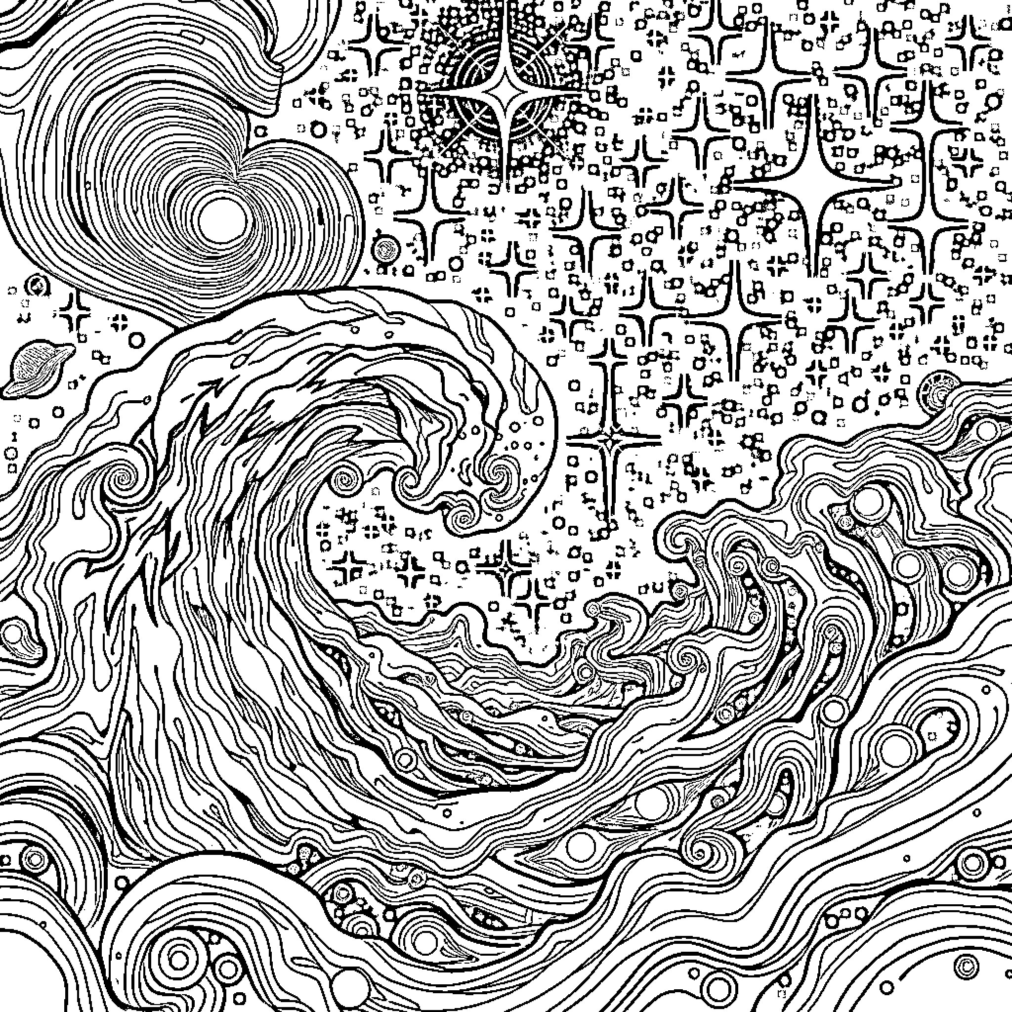 Ocean Waves Swirling in Abstract Patterns Coloring Page (free black-and-white line drawing printable PDF for all, from beginners to advanced learners, including children, teens, adults, and seniors)