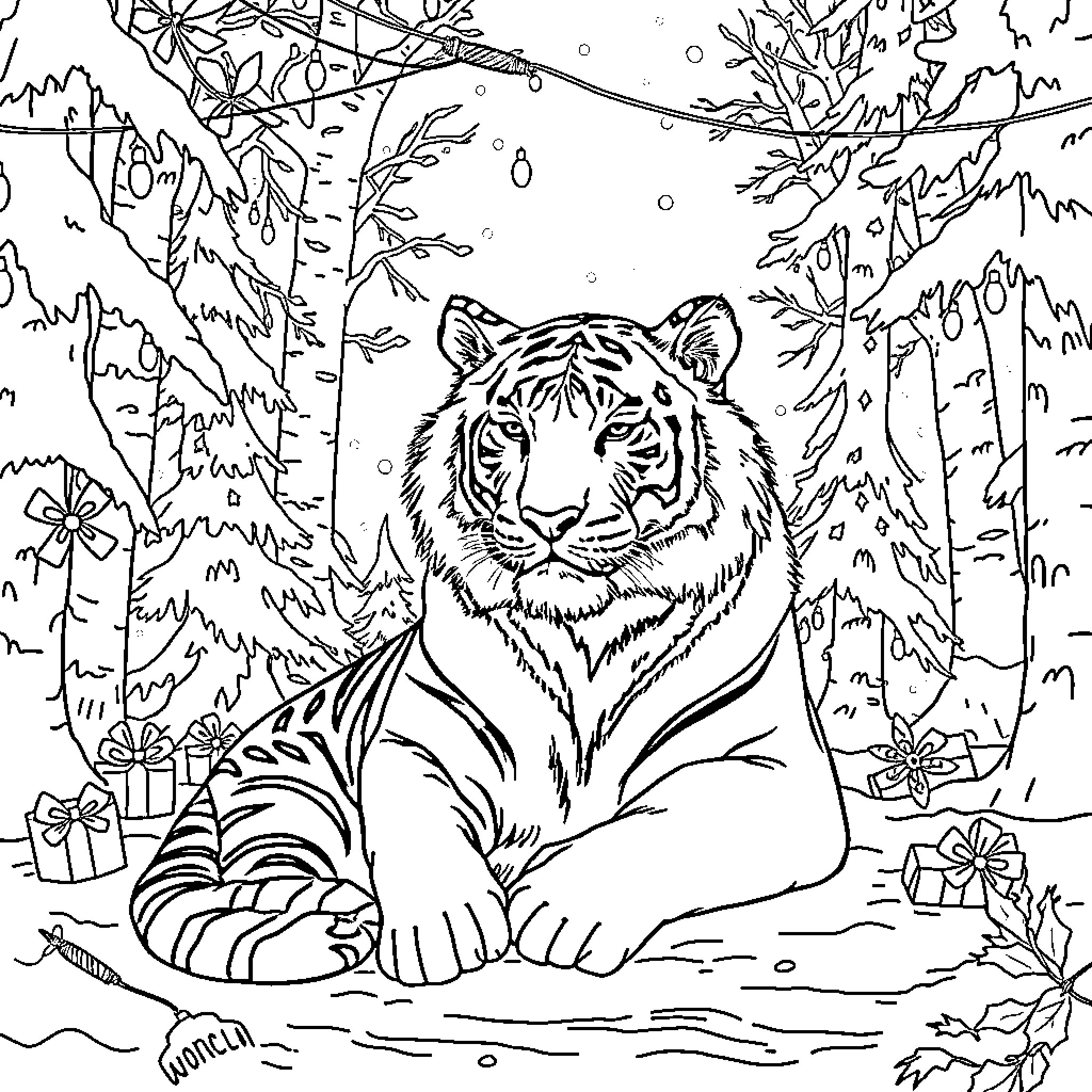 Siberian Tiger in Winter Wonderland Coloring Page (free black-and-white line drawing printable PDF for all, from beginners to advanced learners, including children, teens, adults, and seniors)
