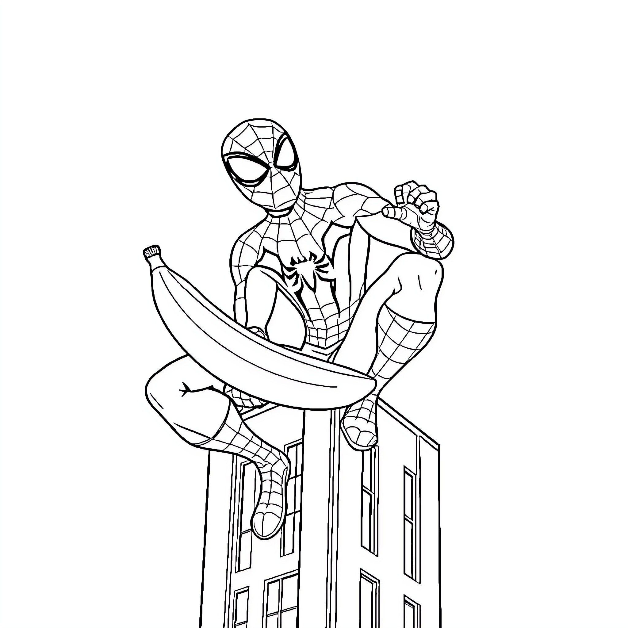Spider-Man swinging heroically on a web across the city Coloring Page (free black-and-white line drawing printable PDF for all, from beginners to advanced learners, including children, teens, adults, and seniors)