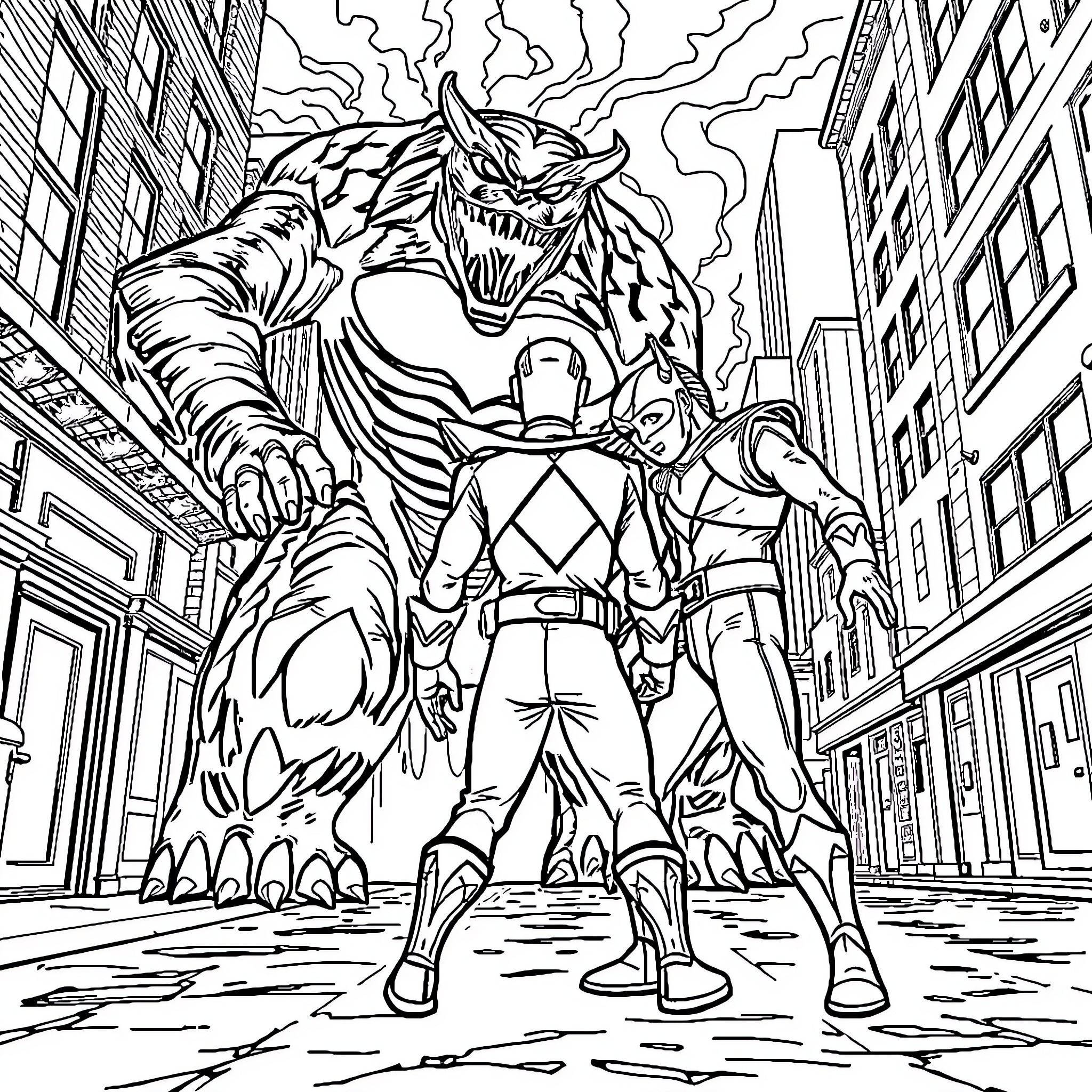 Power Rangers Battling Fierce Monster in City Coloring Page (free black-and-white line drawing printable PDF for all, from beginners to advanced learners, including children, teens, adults, and seniors)