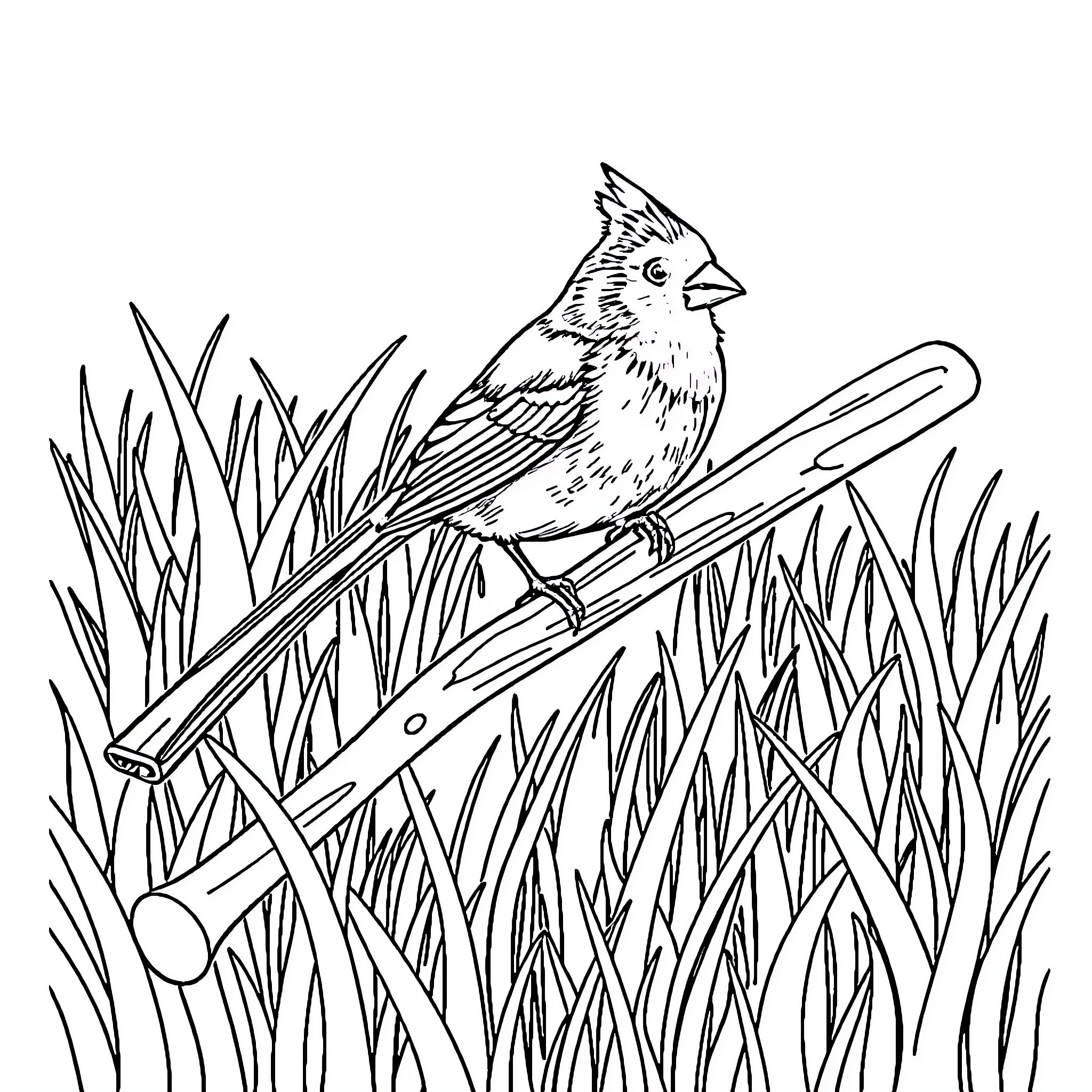 Cardinal perching amidst the tall grass Coloring Page (free black-and-white line drawing printable PDF for all, from beginners to advanced learners, including children, teens, adults, and seniors)