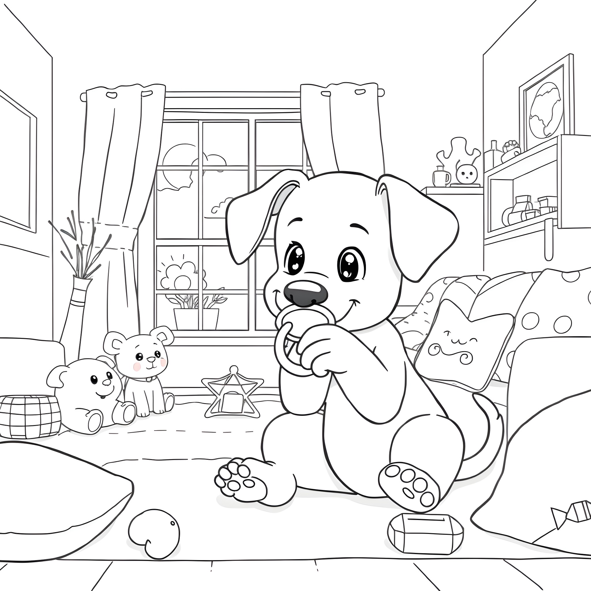 Bluey's Cozy Playtime Coloring Page (free black-and-white line drawing printable PDF for all, from beginners to advanced learners, including children, teens, adults, and seniors)