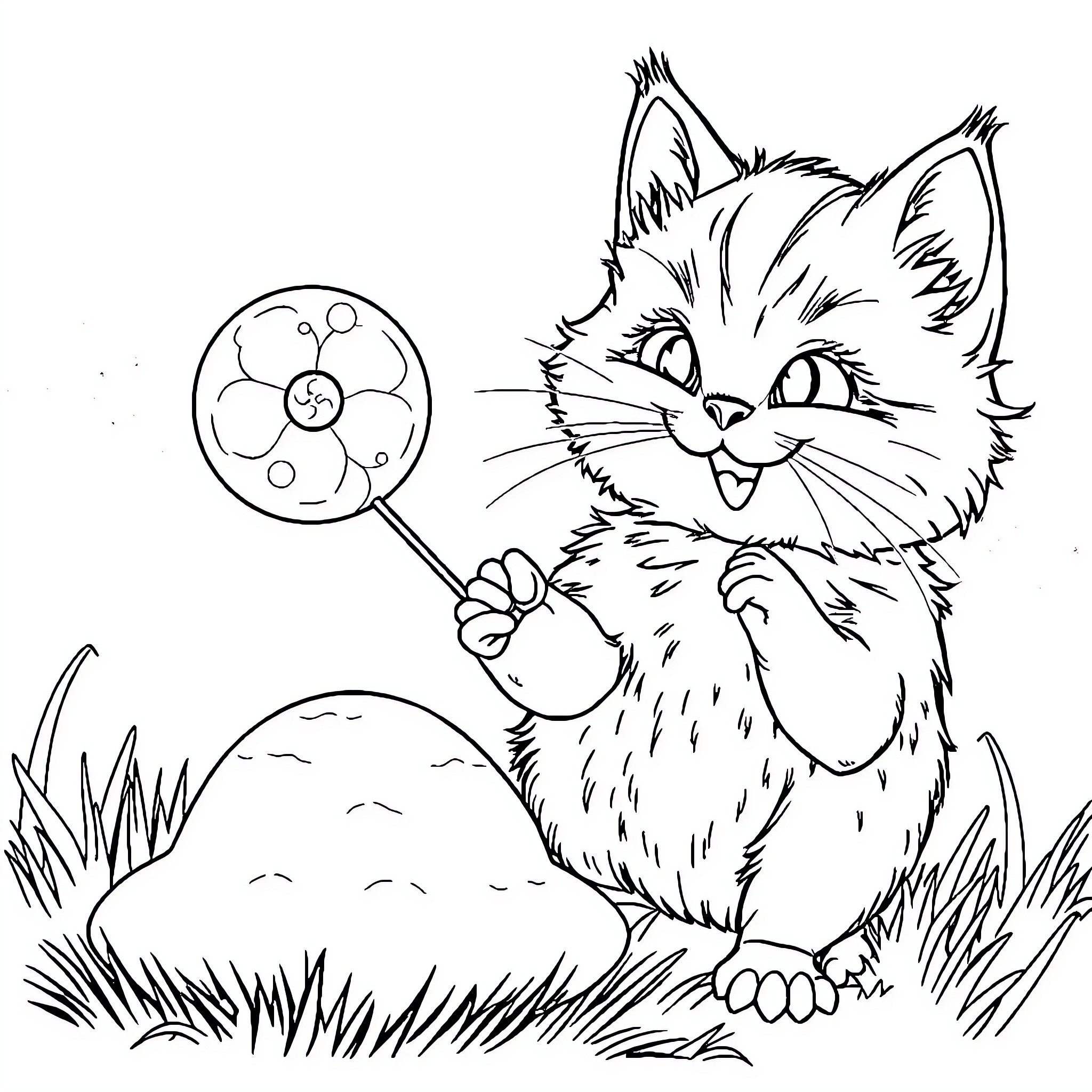 Cat playing with soap bubbles in the grass Coloring Page (free black-and-white line drawing printable PDF for all, from beginners to advanced learners, including children, teens, adults, and seniors)
