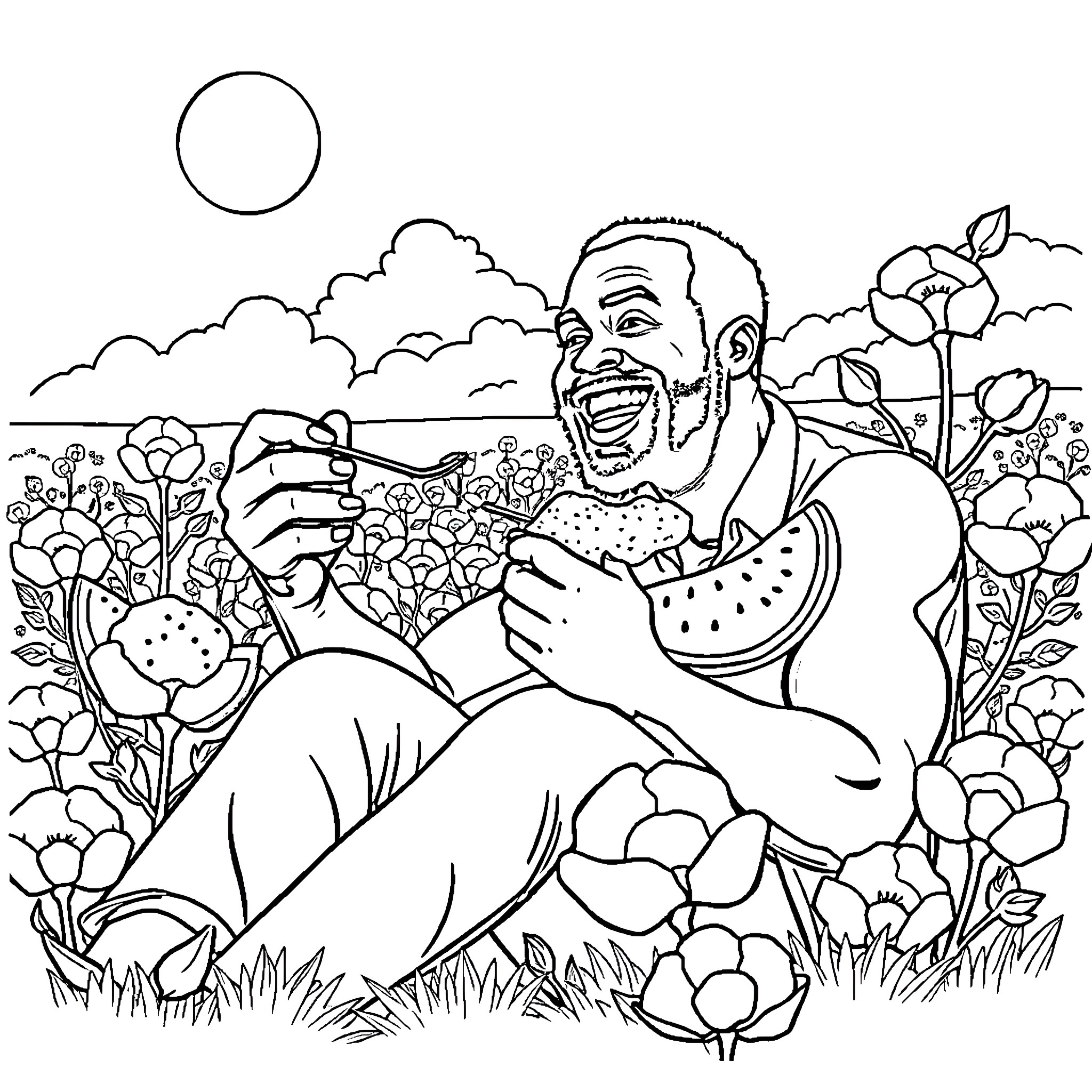 Man joyfully eating watermelon in a floral garden Coloring Page (free black-and-white line drawing printable PDF for all, from beginners to advanced learners, including children, teens, adults, and seniors)