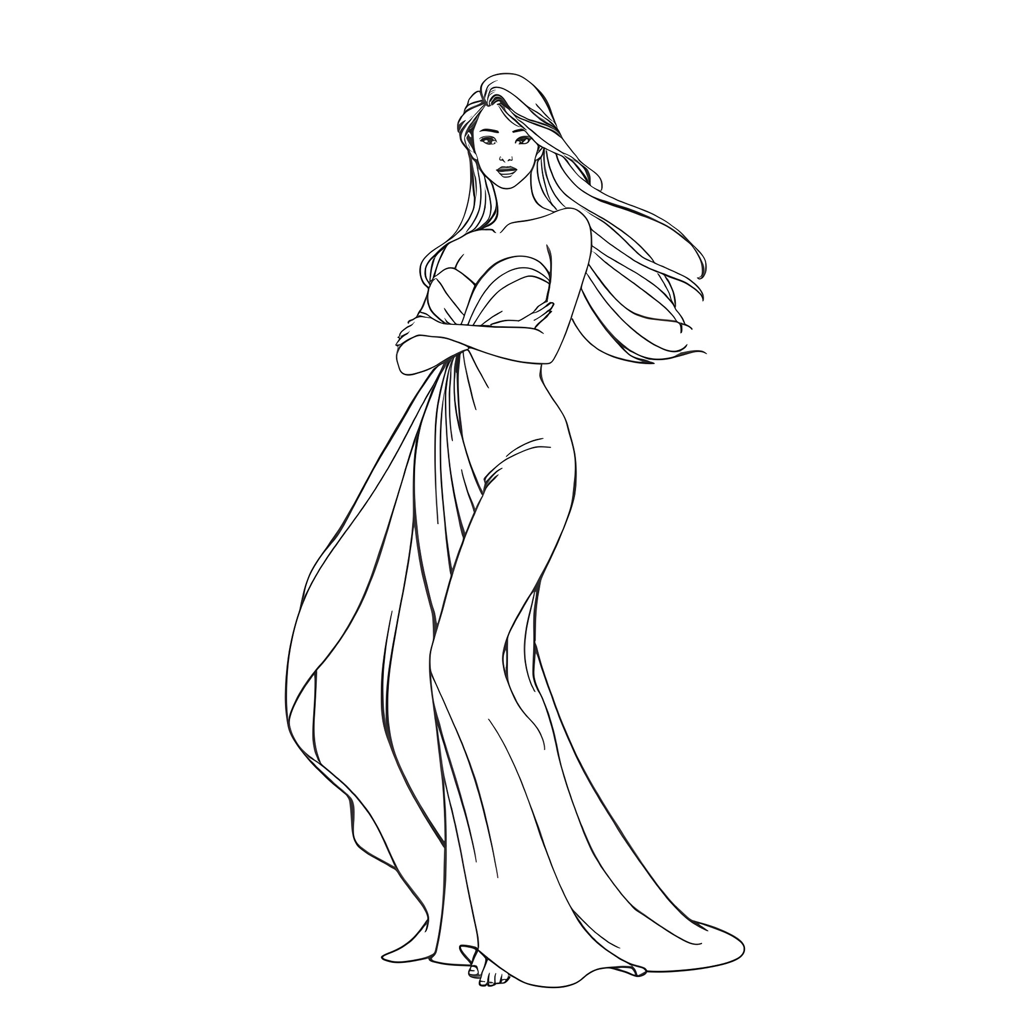 Woman in flowing dress standing gracefully Coloring Page (free black-and-white line drawing printable PDF for all, from beginners to advanced learners, including children, teens, adults, and seniors)