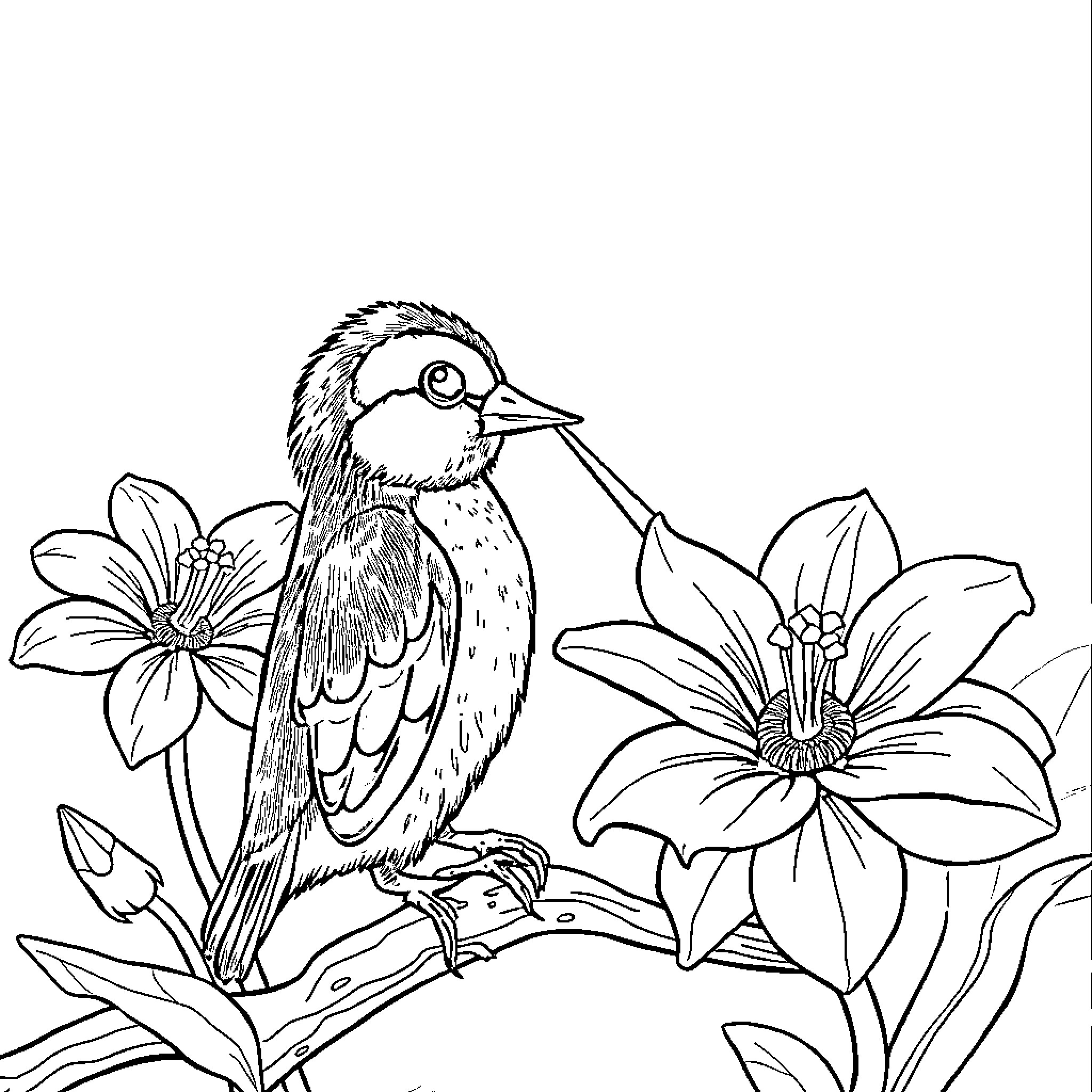 Penguin perched amidst vibrant flowers Coloring Page (free black-and-white line drawing printable PDF for all, from beginners to advanced learners, including children, teens, adults, and seniors)