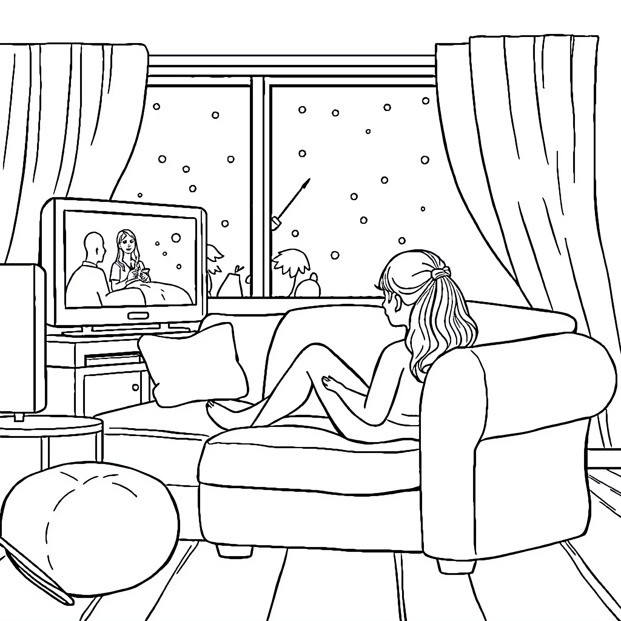 Girl watching television in cozy living room Coloring Page (free black-and-white line drawing printable PDF for all, from beginners to advanced learners, including children, teens, adults, and seniors)