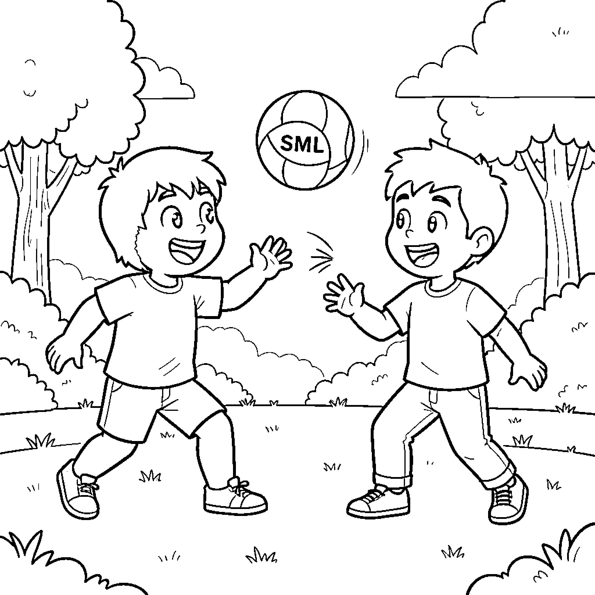 Jeffy playing with a friend in a park Coloring Page (free black-and-white line drawing printable PDF for all, from beginners to advanced learners, including children, teens, adults, and seniors)
