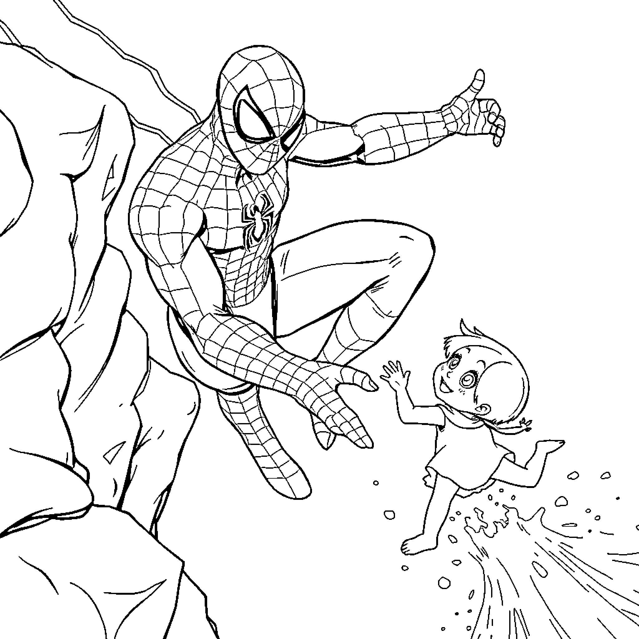 Spiderman reaching out to help a small child Coloring Page (free black-and-white line drawing printable PDF for all, from beginners to advanced learners, including children, teens, adults, and seniors)