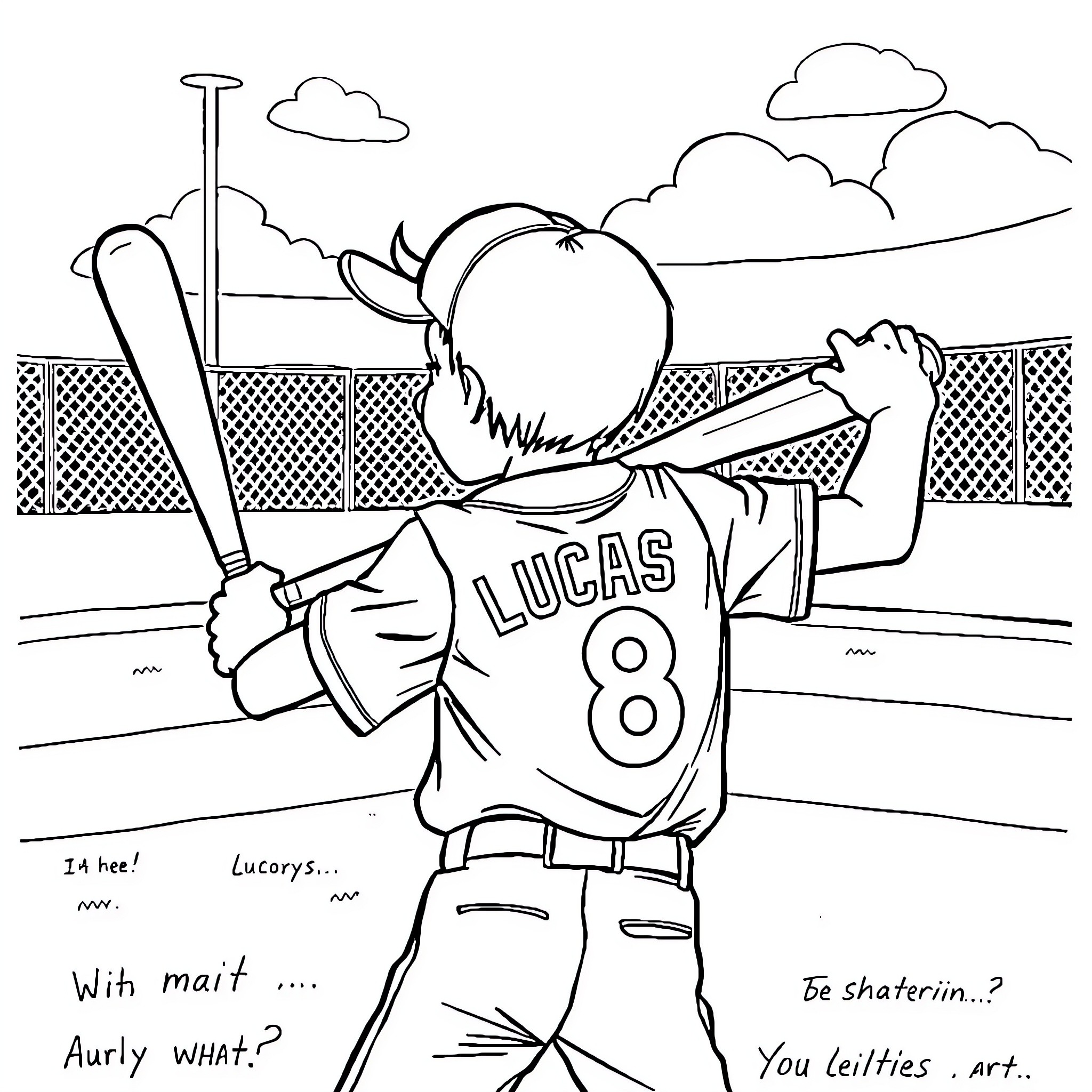 Boy playing baseball with team on field Coloring Page (free black-and-white line drawing printable PDF for all, from beginners to advanced learners, including children, teens, adults, and seniors)