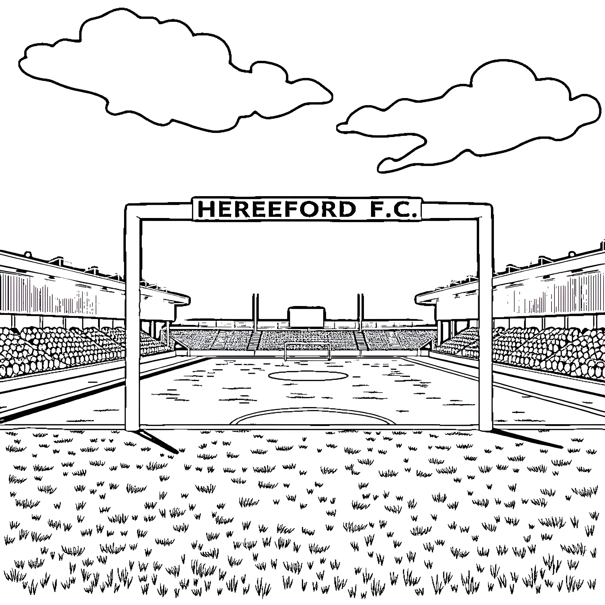 Stadium of a football club with empty field Coloring Page (free black-and-white line drawing printable PDF for all, from beginners to advanced learners, including children, teens, adults, and seniors)