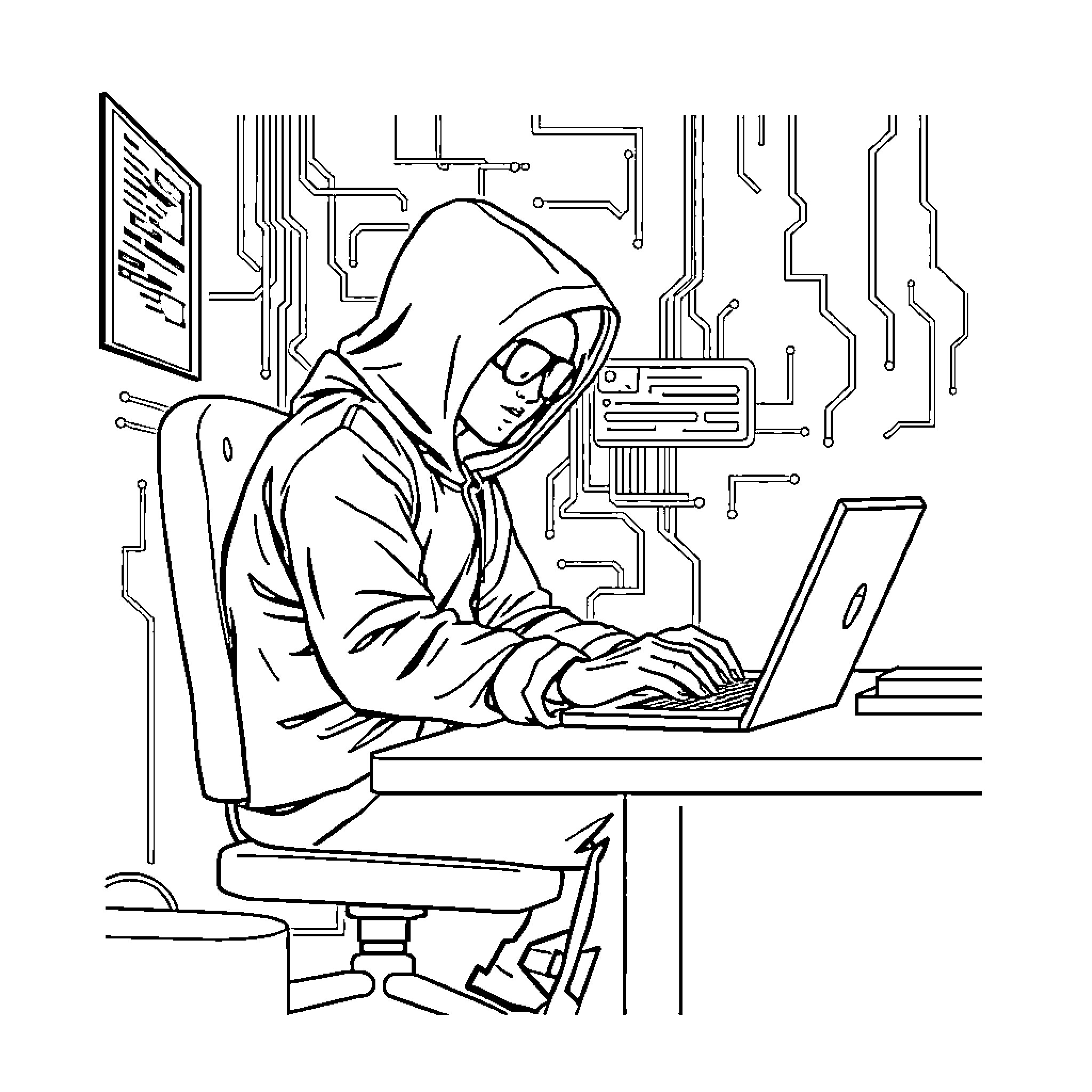 Hacker infiltrating a digital network Coloring Page (free black-and-white line drawing printable PDF for all, from beginners to advanced learners, including children, teens, adults, and seniors)