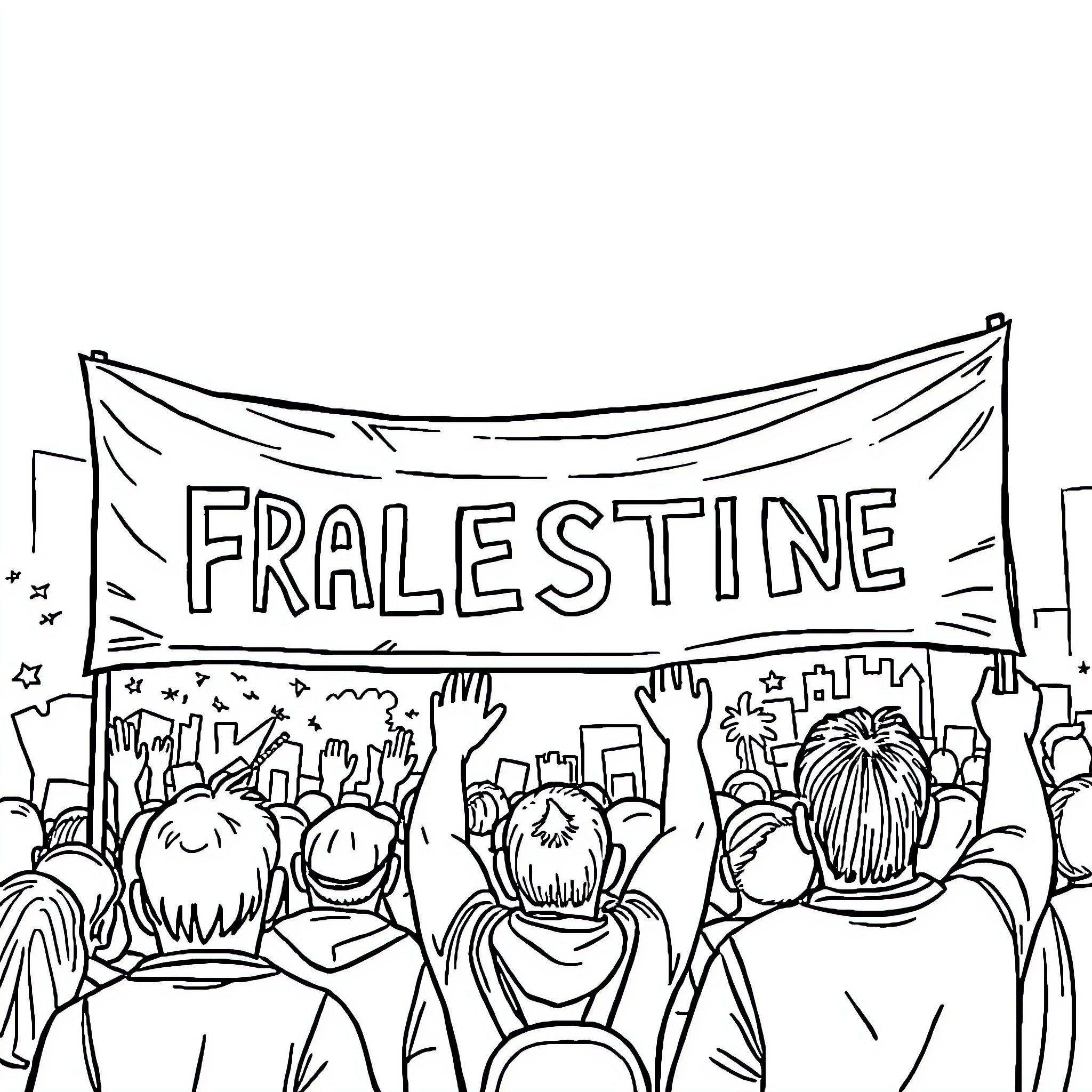 Palestine Rally: People Gathered with Protest Banner Coloring Page (free black-and-white line drawing printable PDF for all, from beginners to advanced learners, including children, teens, adults, and seniors)