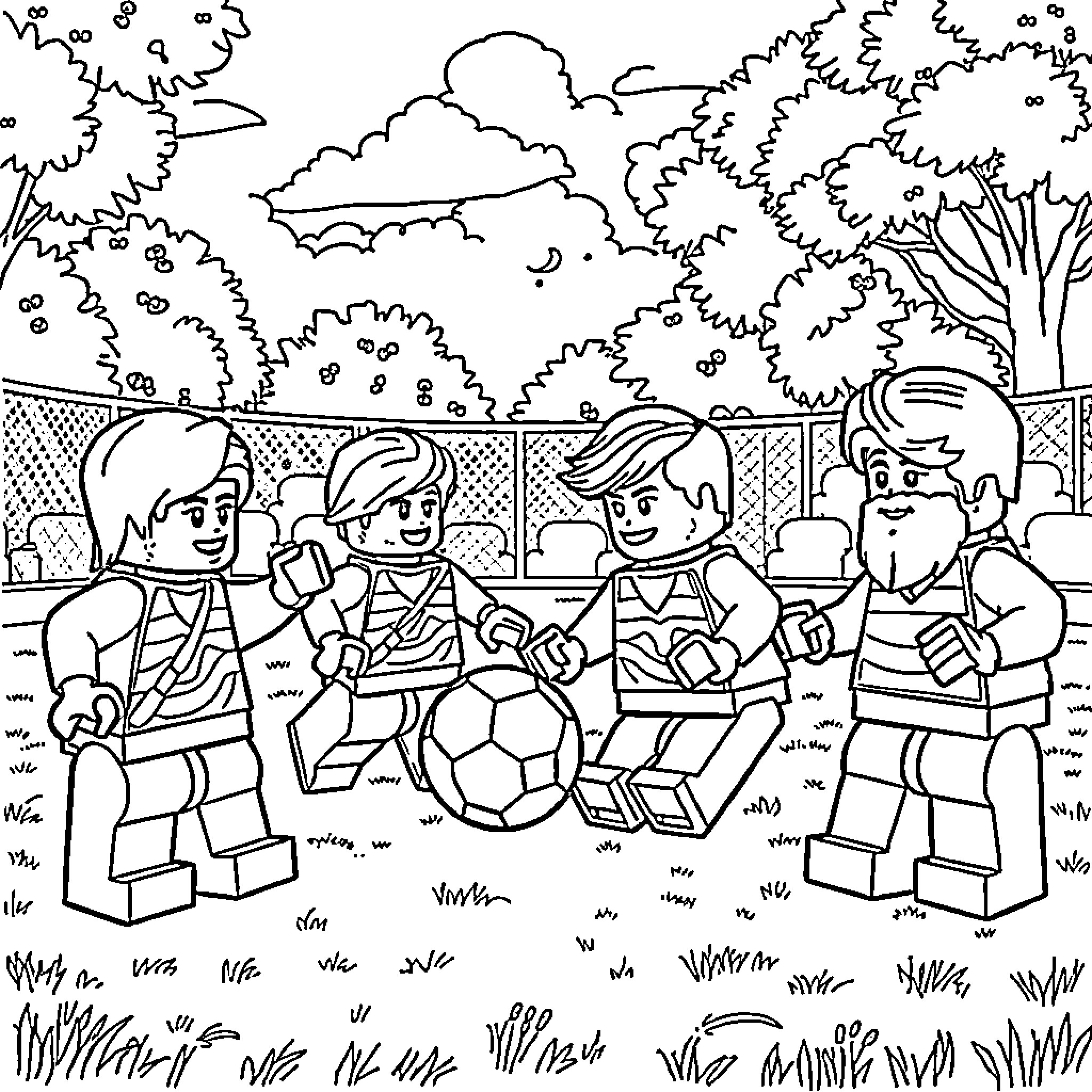 Lego Characters Playing Soccer in the Park Coloring Page (free black-and-white line drawing printable PDF for all, from beginners to advanced learners, including children, teens, adults, and seniors)