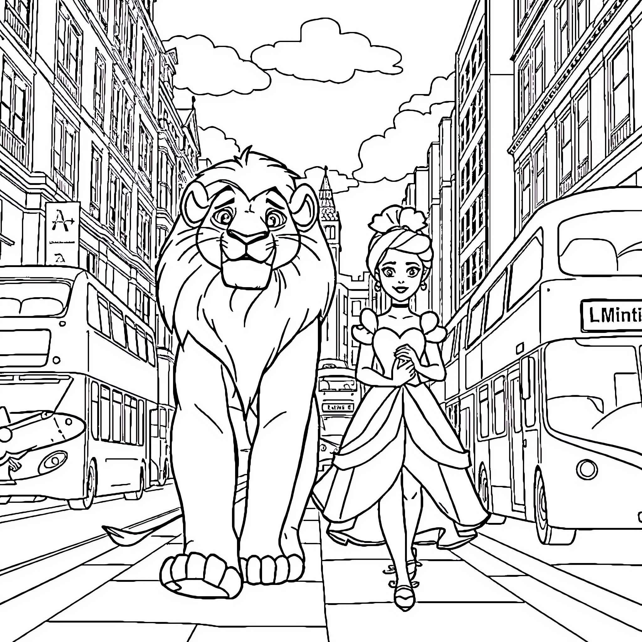 Simba and Princess on a City Adventure Coloring Page (free black-and-white line drawing printable PDF for all, from beginners to advanced learners, including children, teens, adults, and seniors)