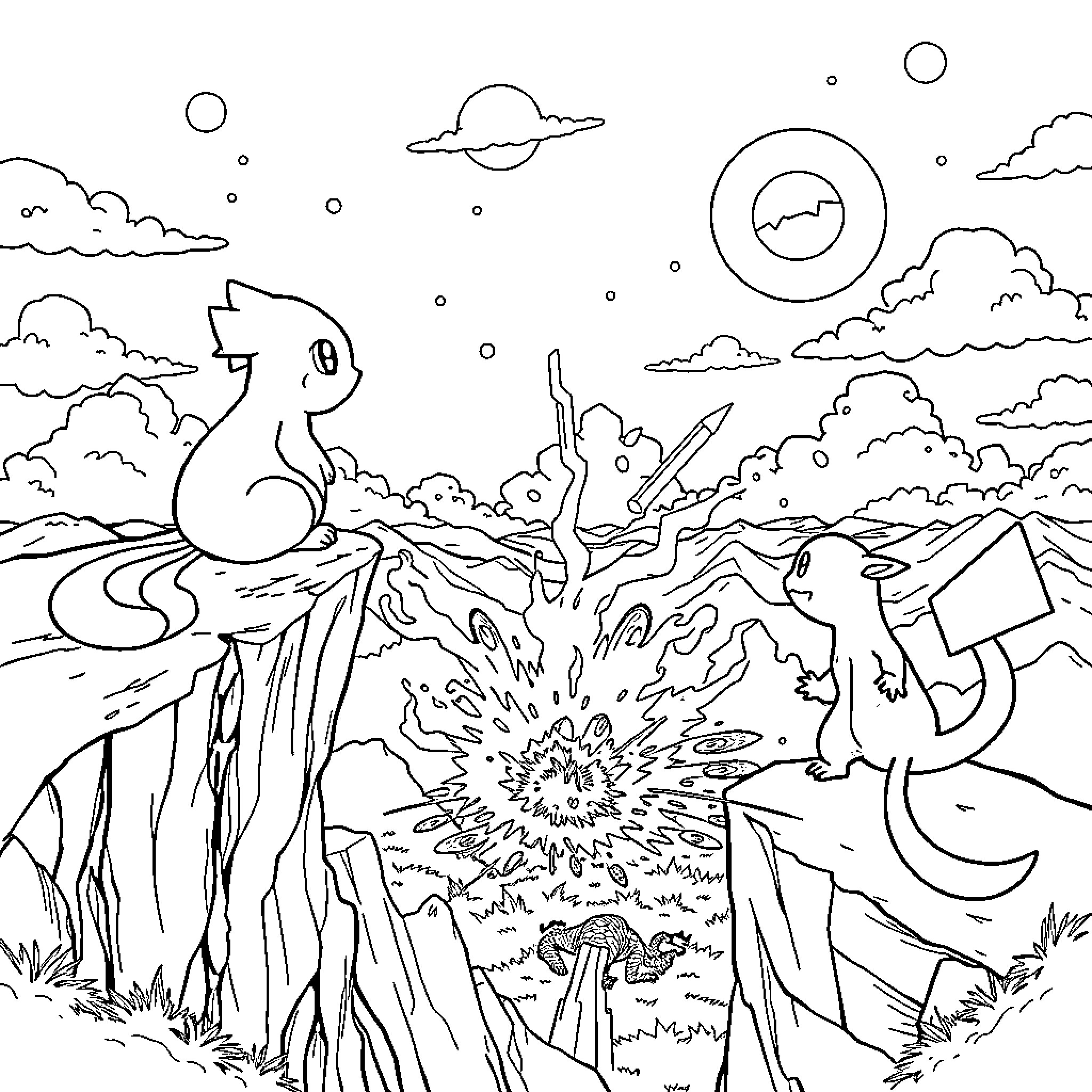 Snoam creatures exploring a fantastical landscape Coloring Page (free black-and-white line drawing printable PDF for all, from beginners to advanced learners, including children, teens, adults, and seniors)