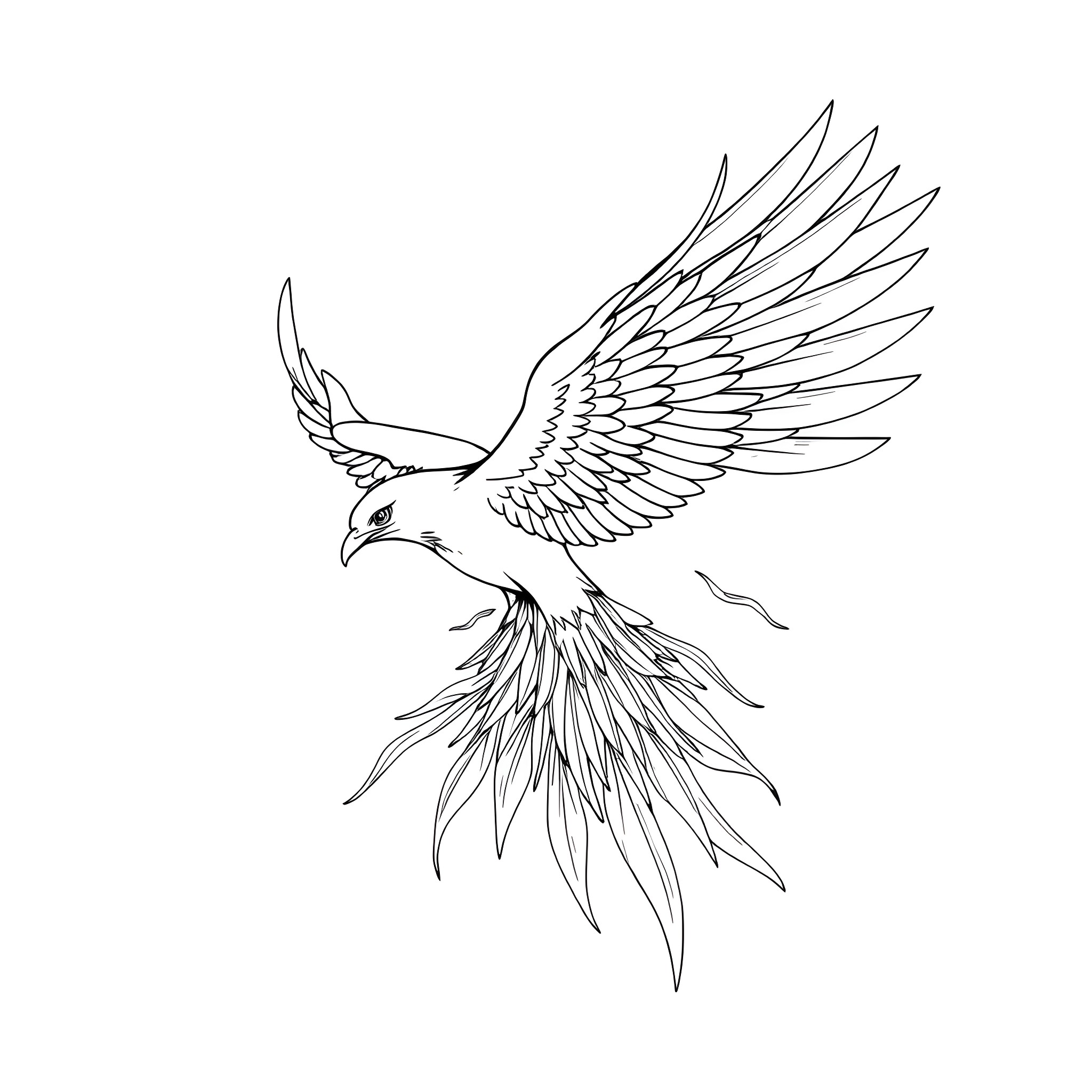 Thunderbird in flight with outstretched wings Coloring Page (free black-and-white line drawing printable PDF for all, from beginners to advanced learners, including children, teens, adults, and seniors)