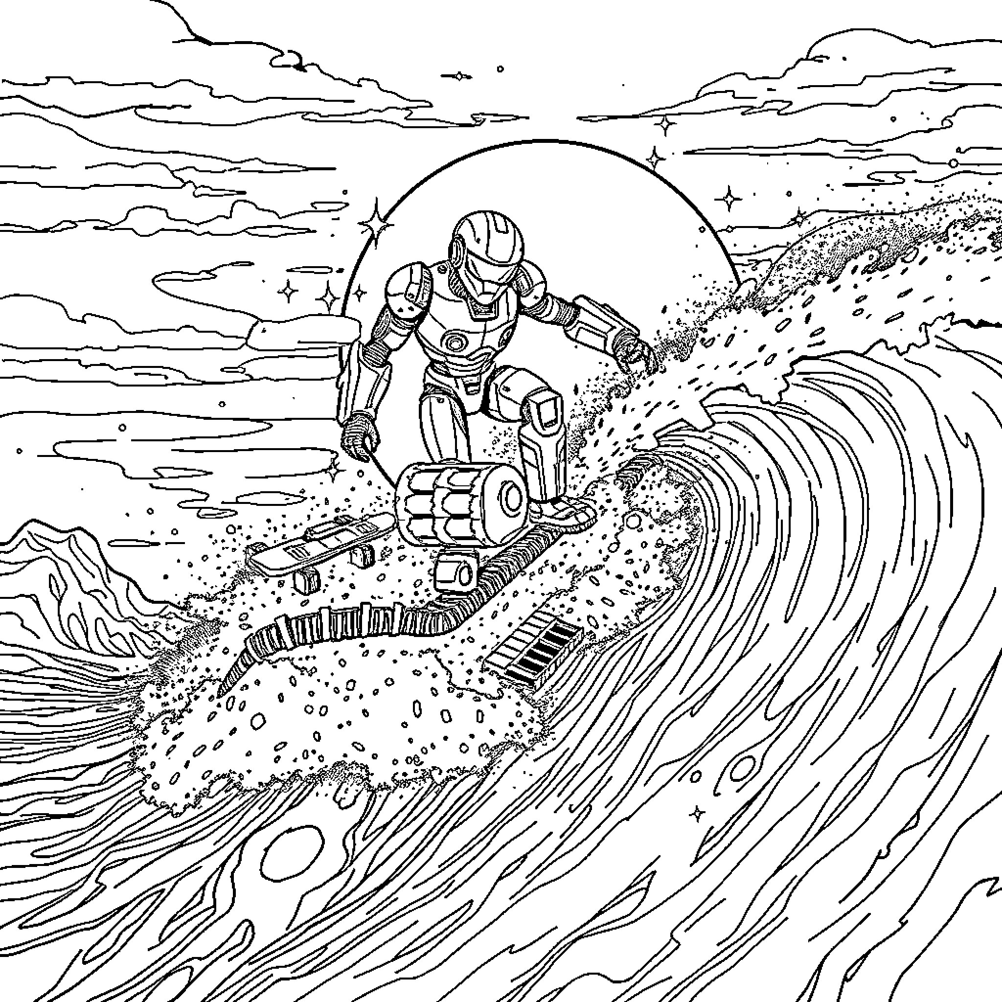 Robot surfs through the cosmic waves Coloring Page (free black-and-white line drawing printable PDF for all, from beginners to advanced learners, including children, teens, adults, and seniors)