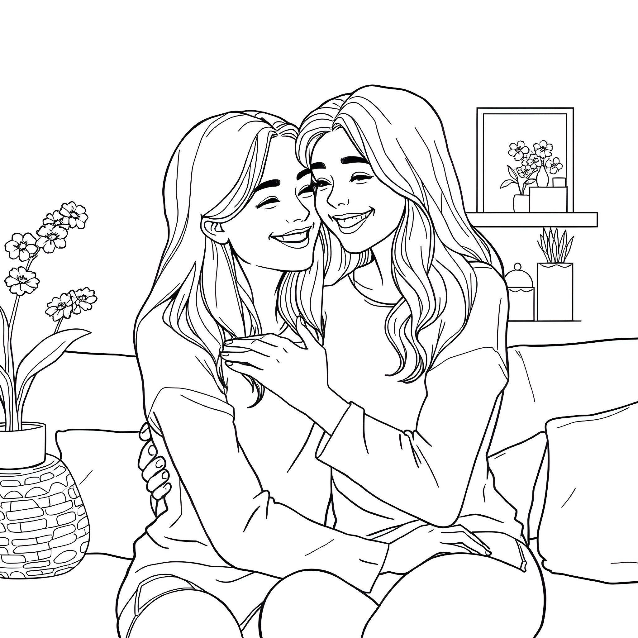 Girls Embracing with Joy Coloring Page (free black-and-white line drawing printable PDF for all, from beginners to advanced learners, including children, teens, adults, and seniors)