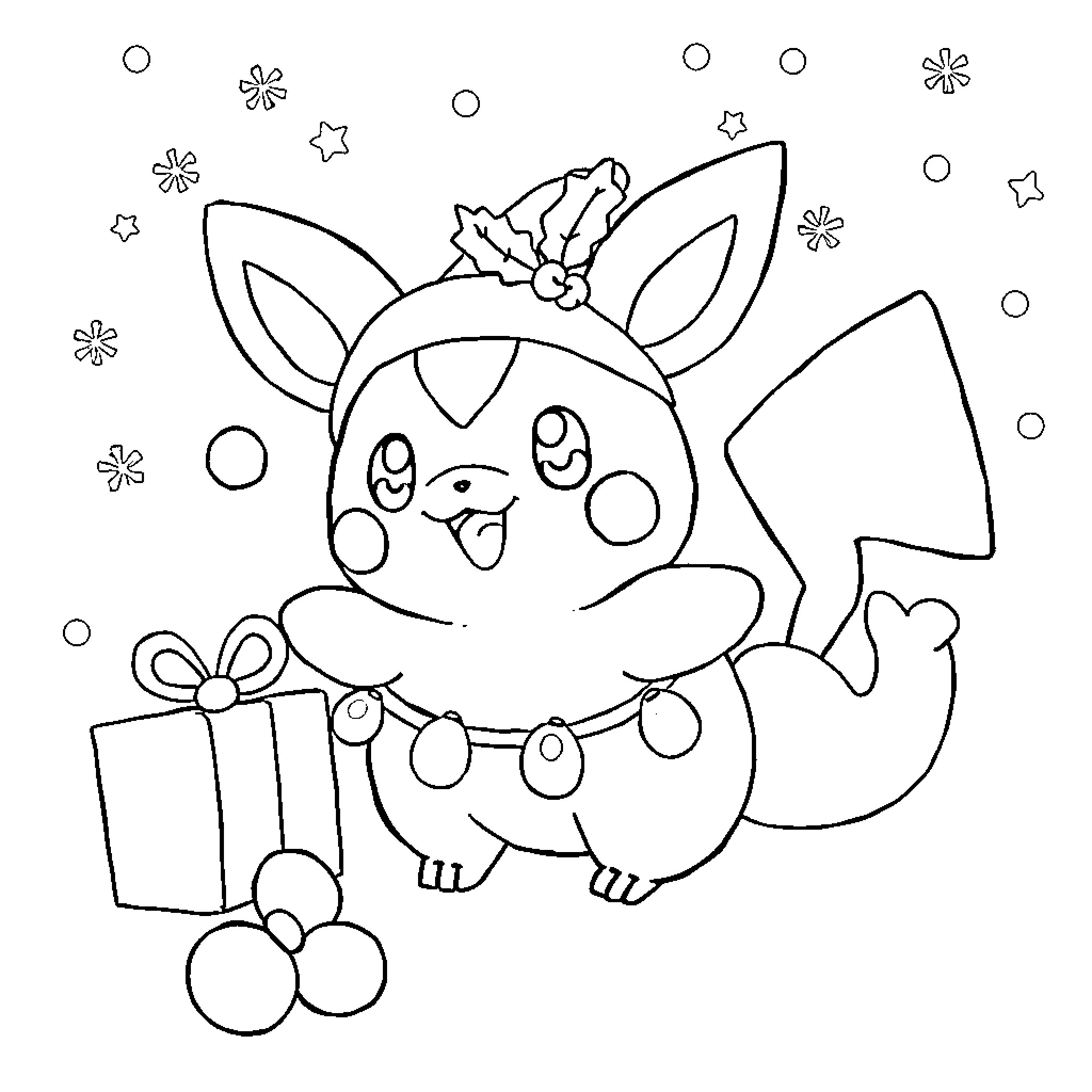 Roudoudou holding a gift with stars and snowflakes Coloring Page (free black-and-white line drawing printable PDF for all, from beginners to advanced learners, including children, teens, adults, and seniors)