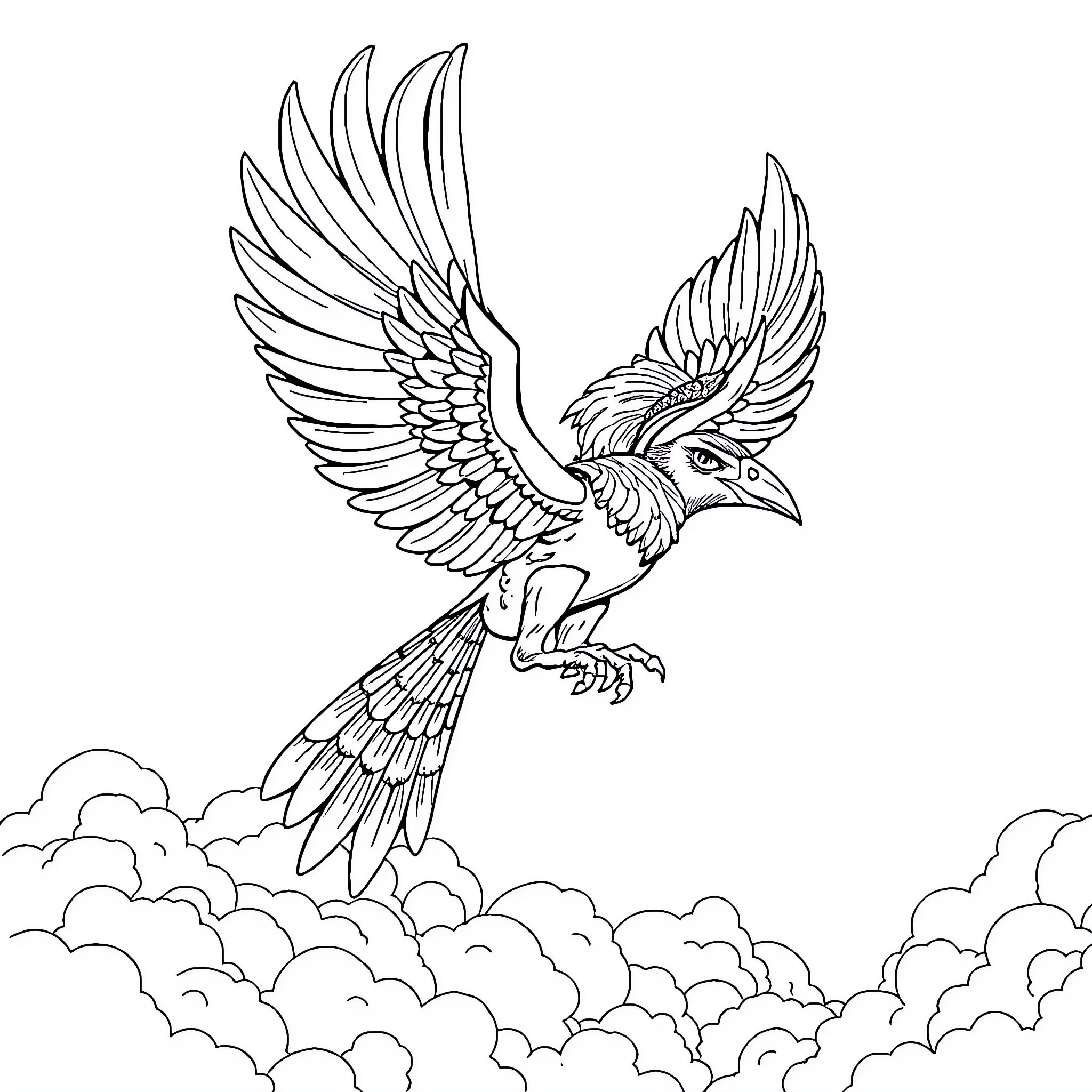 Garuda soaring gracefully through the clouds Coloring Page (free black-and-white line drawing printable PDF for all, from beginners to advanced learners, including children, teens, adults, and seniors)