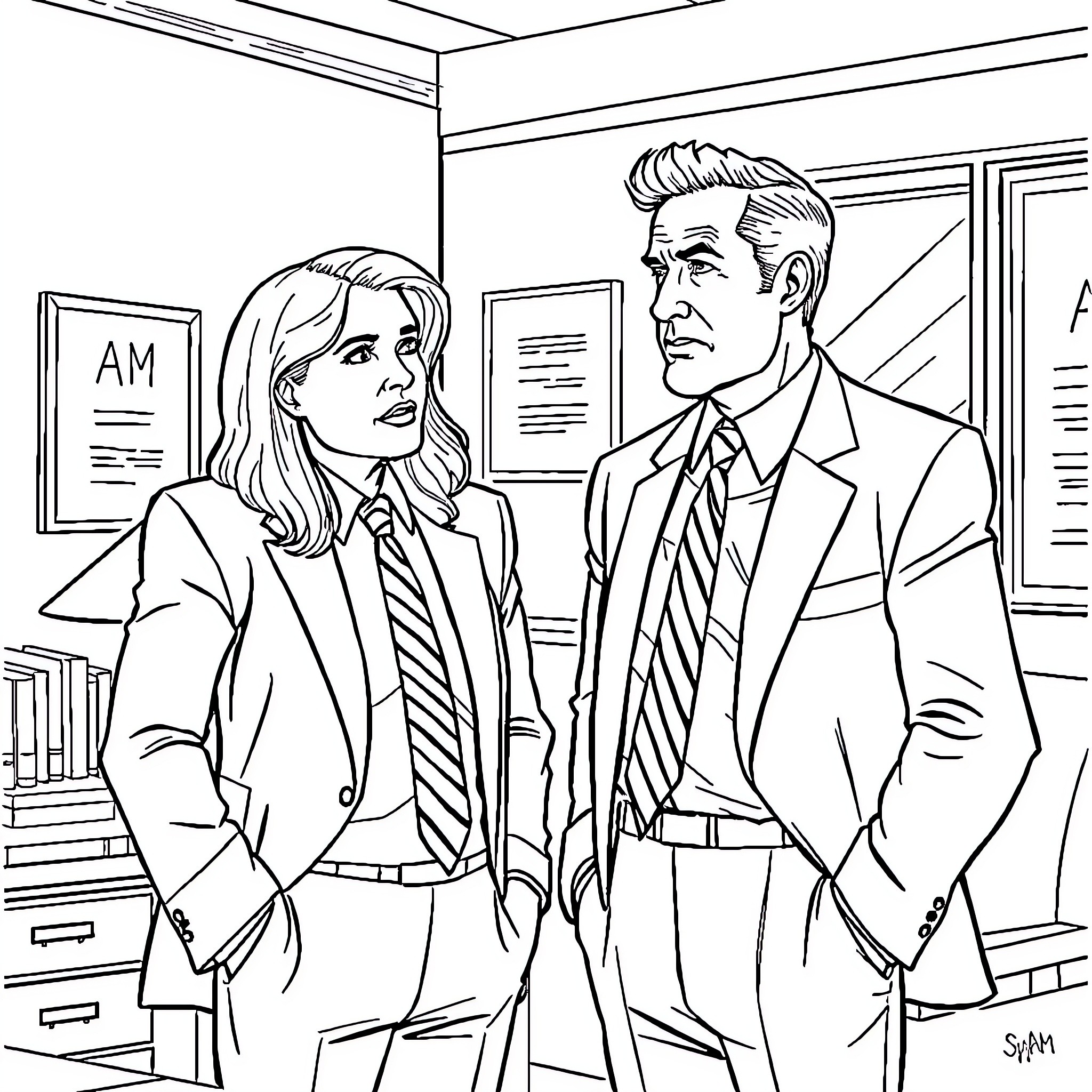 Saul Goodman and his associate in a professional setting Coloring Page (free black-and-white line drawing printable PDF for all, from beginners to advanced learners, including children, teens, adults, and seniors)