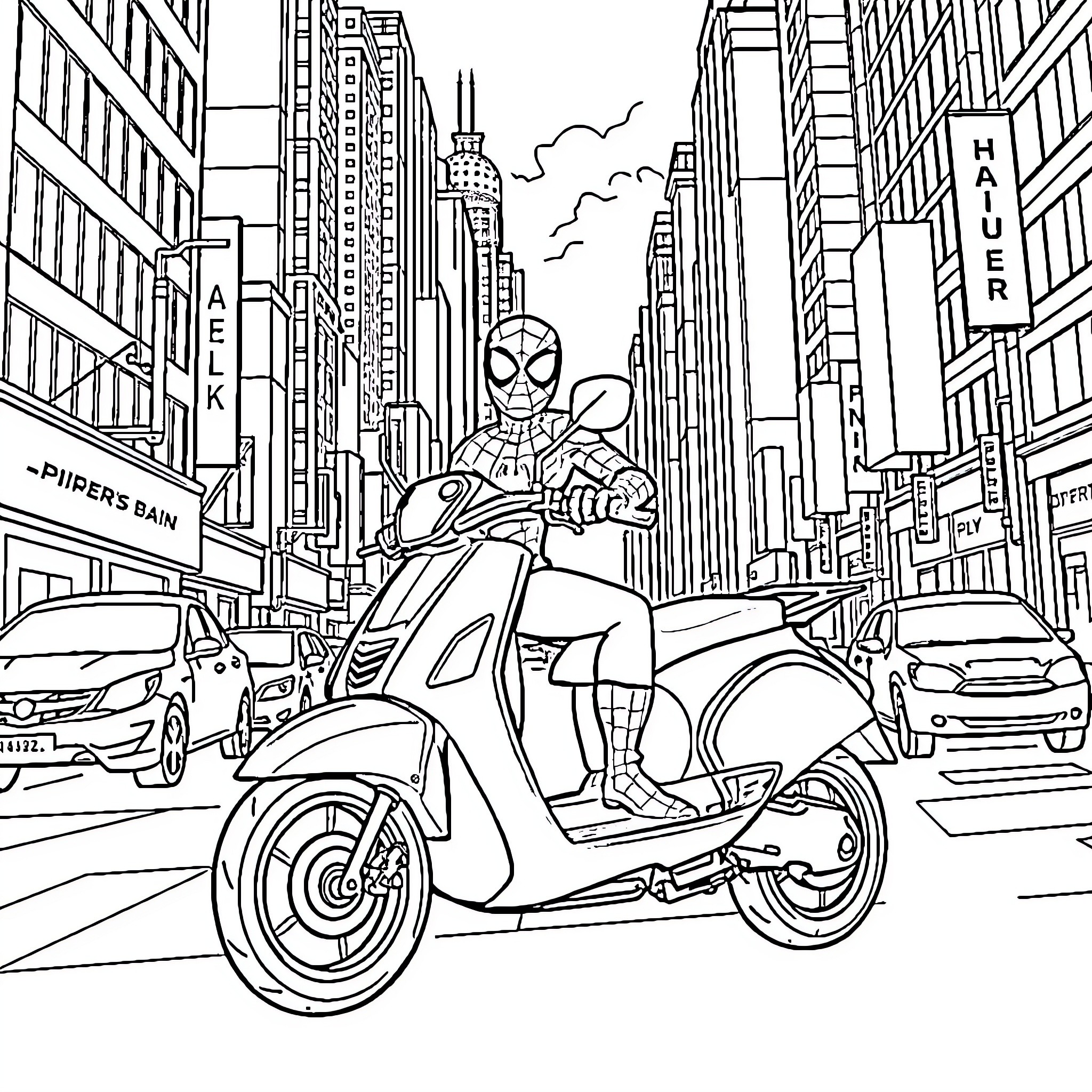 Spiderman riding a scooter through the city Coloring Page (free black-and-white line drawing printable PDF for all, from beginners to advanced learners, including children, teens, adults, and seniors)