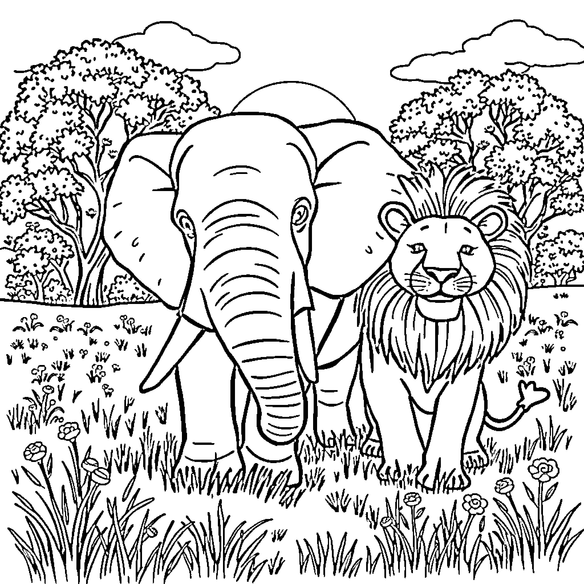 Elephant and Lion in Lush Safari Landscape Coloring Page (free black-and-white line drawing printable PDF for all, from beginners to advanced learners, including children, teens, adults, and seniors)