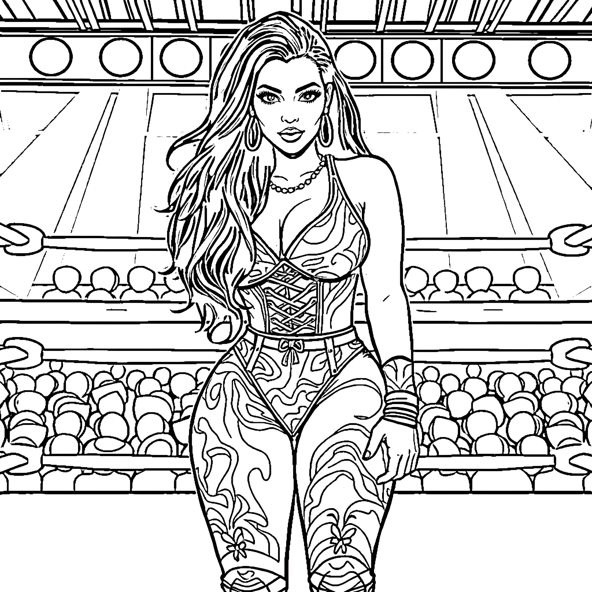 Kim Kardashian Posing Confidently on Stage Coloring Page (free black-and-white line drawing printable PDF for all, from beginners to advanced learners, including children, teens, adults, and seniors)