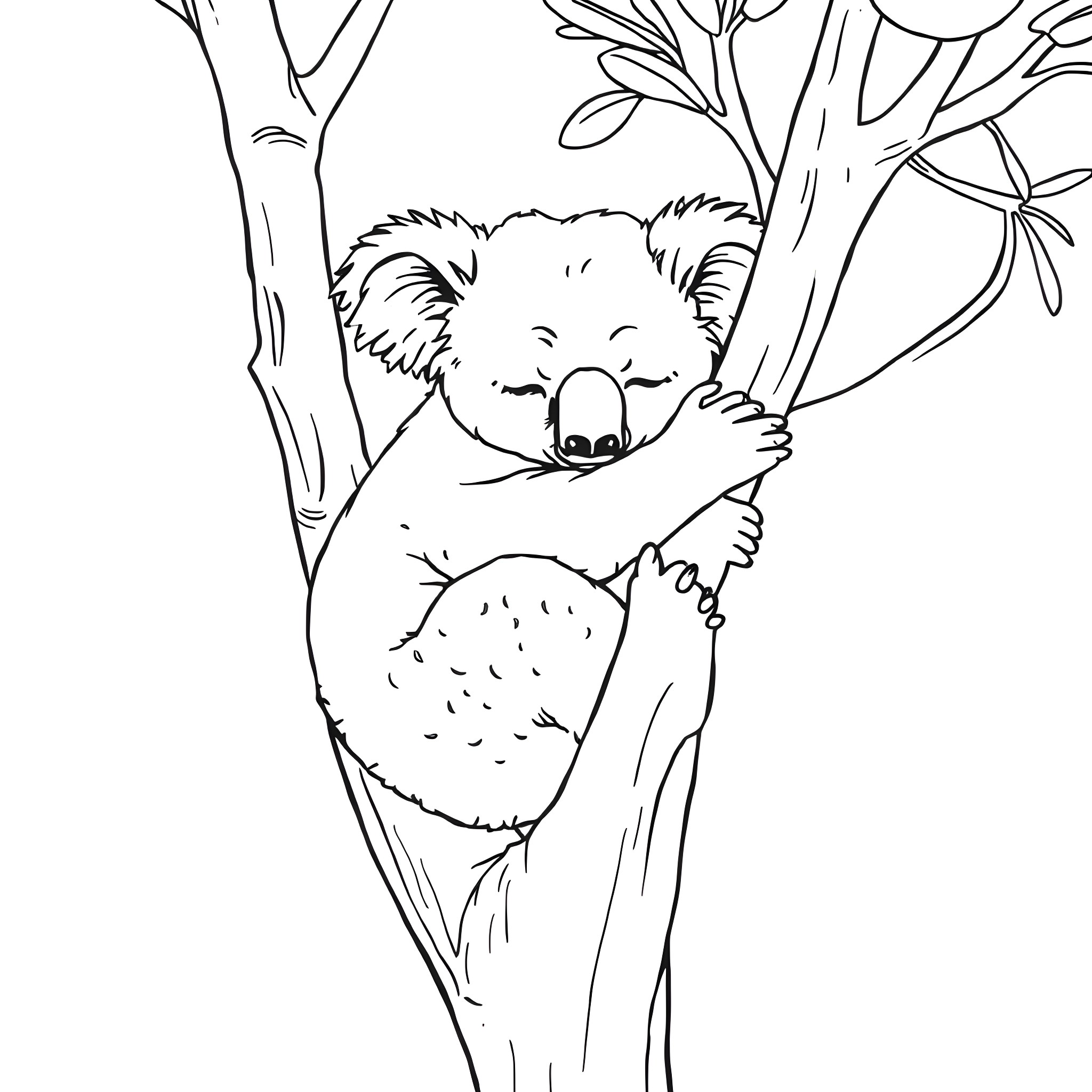 Koala resting peacefully in the tree Coloring Page (free black-and-white line drawing printable PDF for all, from beginners to advanced learners, including children, teens, adults, and seniors)
