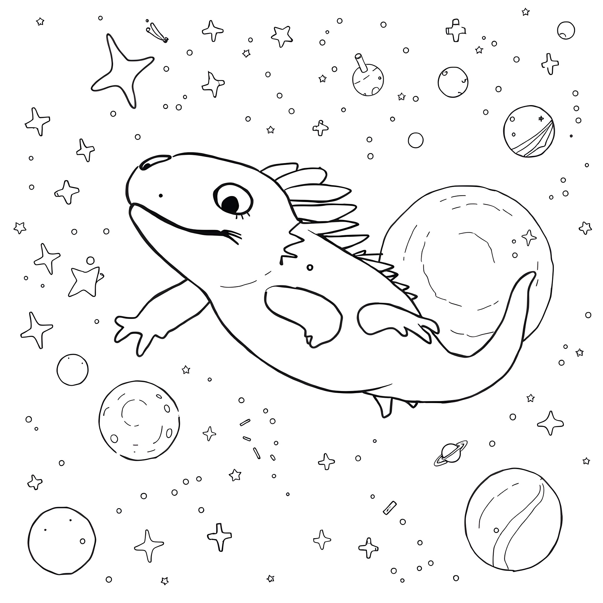 Axolotl swimming in a cosmic sea Coloring Page (free black-and-white line drawing printable PDF for all, from beginners to advanced learners, including children, teens, adults, and seniors)
